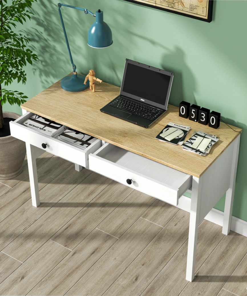 Talio White Wood 2-Drawer Desk - White Wood Desk Made in Turkey to Order for UK Home Office Interiors - White Wood desk by Netline Home Interior