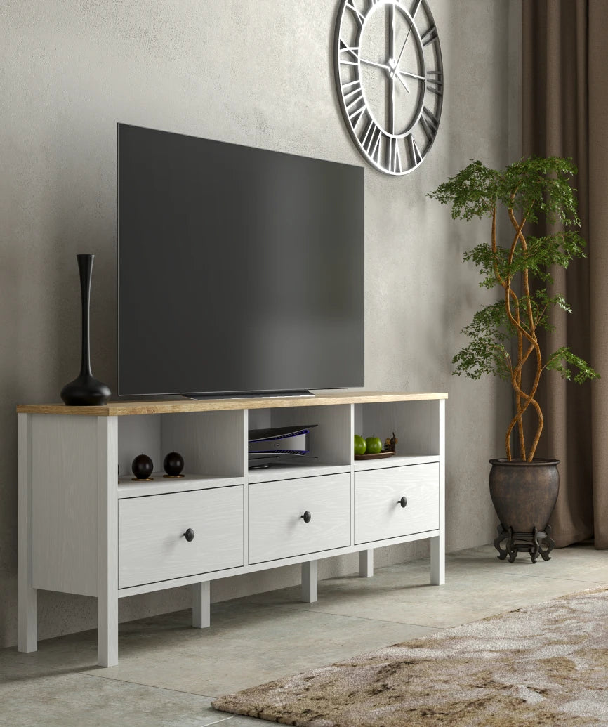 Drona White Wood Drawer TV Unit - White Wood Tv Unit Made in Turkey to Order for UK Living Room Interiors - White Wood TV unit by Netline Home Interior