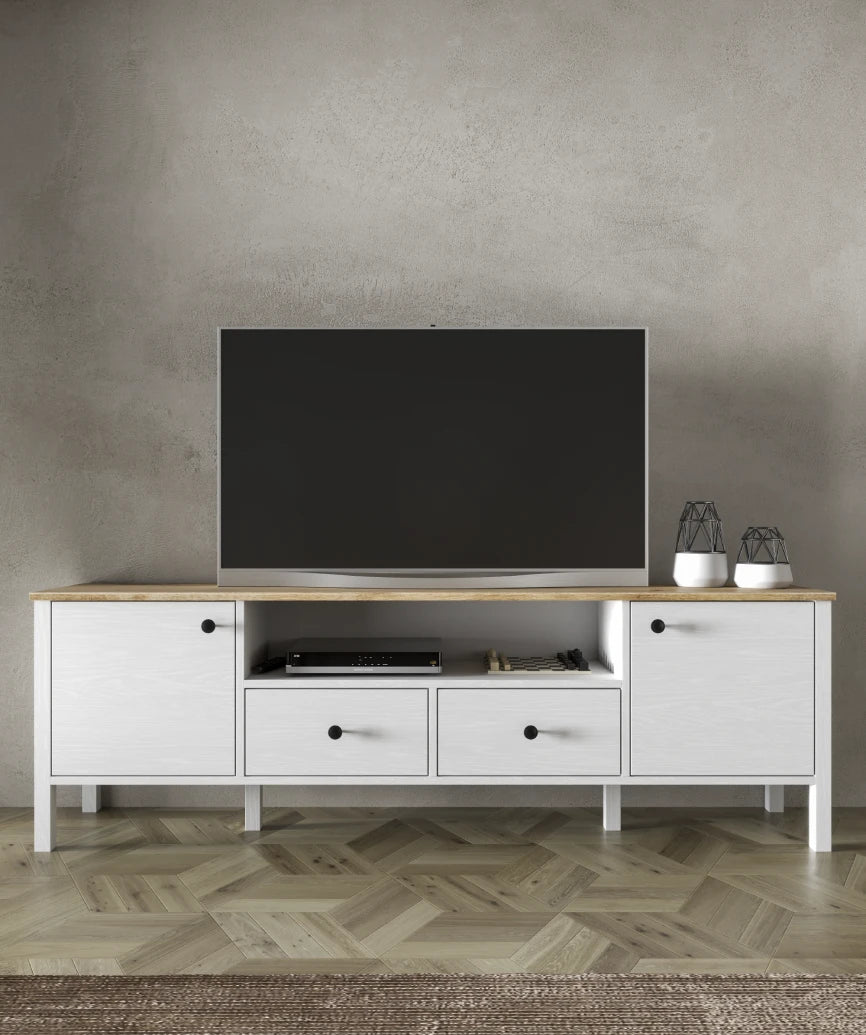 Elaren White Wood 2-Door 2-Drawer TV Unit - White Wood Tv Unit Made in Turkey to Order for UK Living Room Interiors - White Wood TV unit by Netline Home Interior