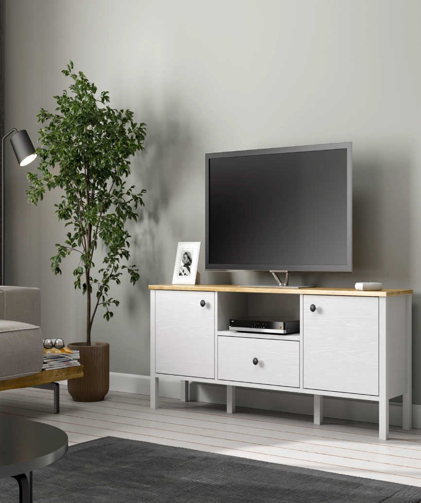 Malva White Wood 2-Door 1-Drawer TV Unit - White Wood Tv Unit Made in Turkey to Order for UK Living Room Interiors - White Wood TV unit by Netline Home Interior
