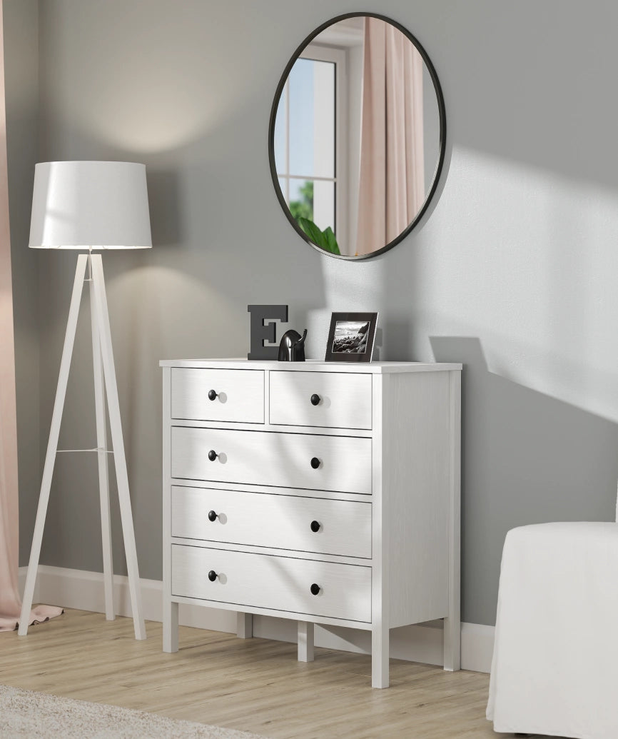 Elaya White Wood 5-Drawer Dresser - White Wood Dresser Made in Turkey to Order for UK Bedroom Interiors - White Wood dresser by Netline Home Interior