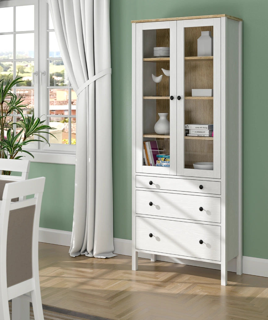 Elva White Wood Glass Door Buffet Cabinet - White Wood Sideboard Made in Turkey to Order for UK Dining Room Interiors - White Wood sideboard by Netline Home Interior
