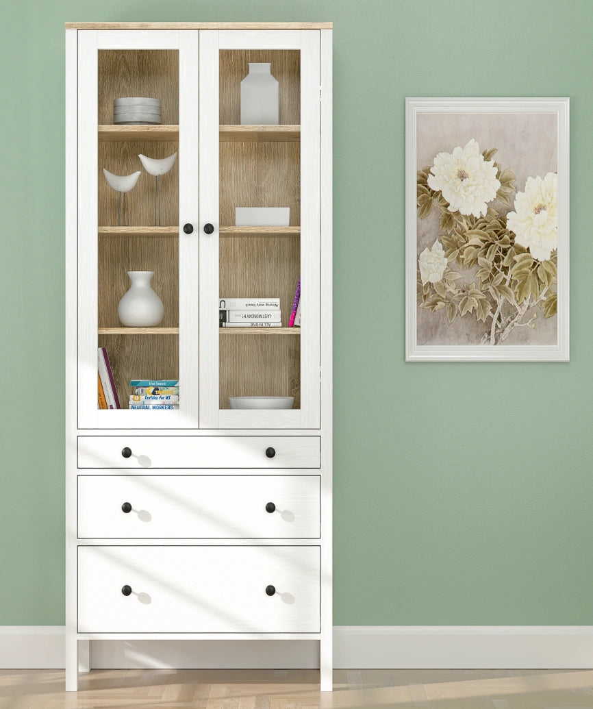 Elva White Wood Glass Door Buffet Cabinet - White Wood Sideboard Made in Turkey to Order for UK Dining Room Interiors - White Wood sideboard by Netline Home Interior