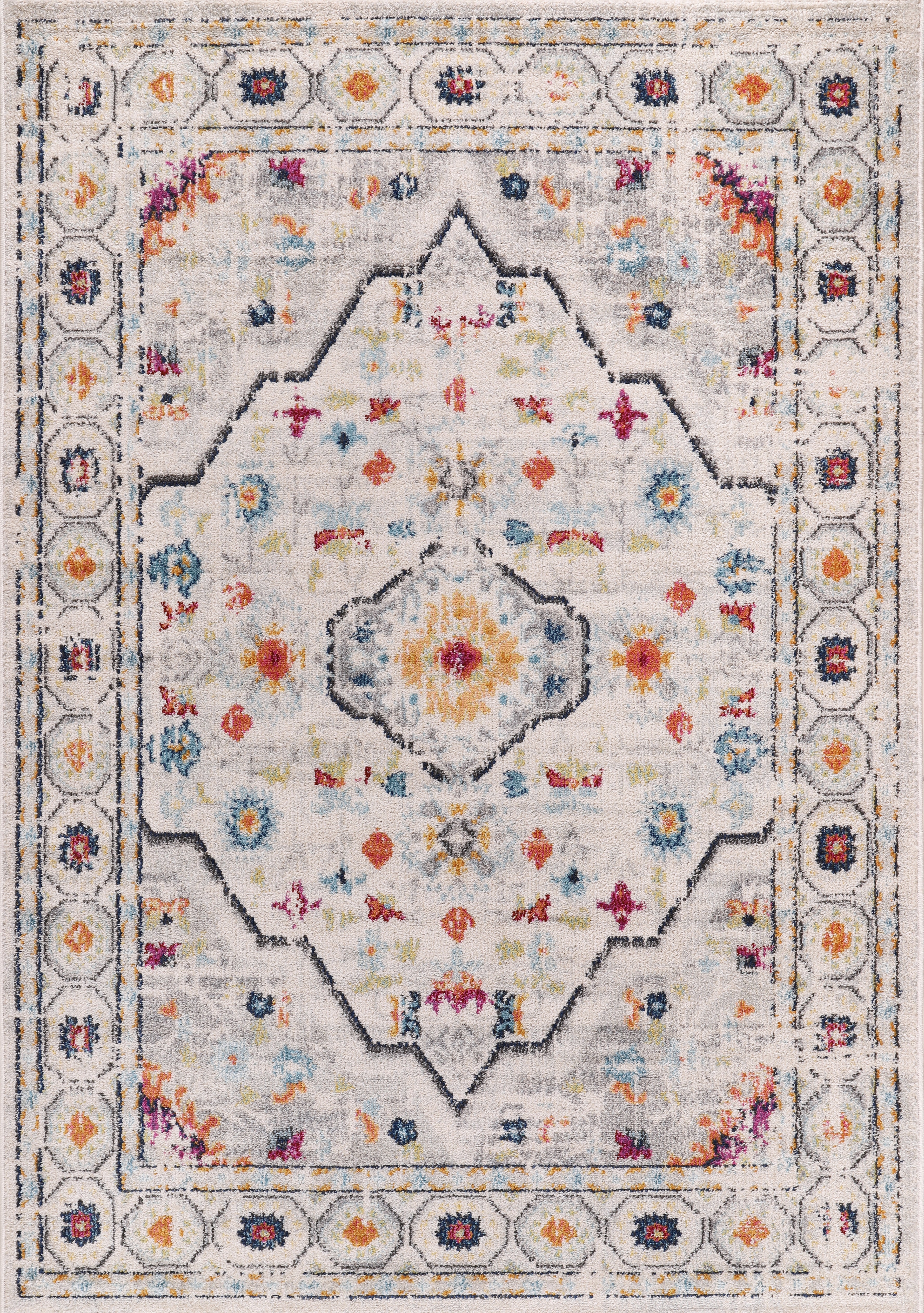 Decorative rug with a multicolored geometric pattern on a white background