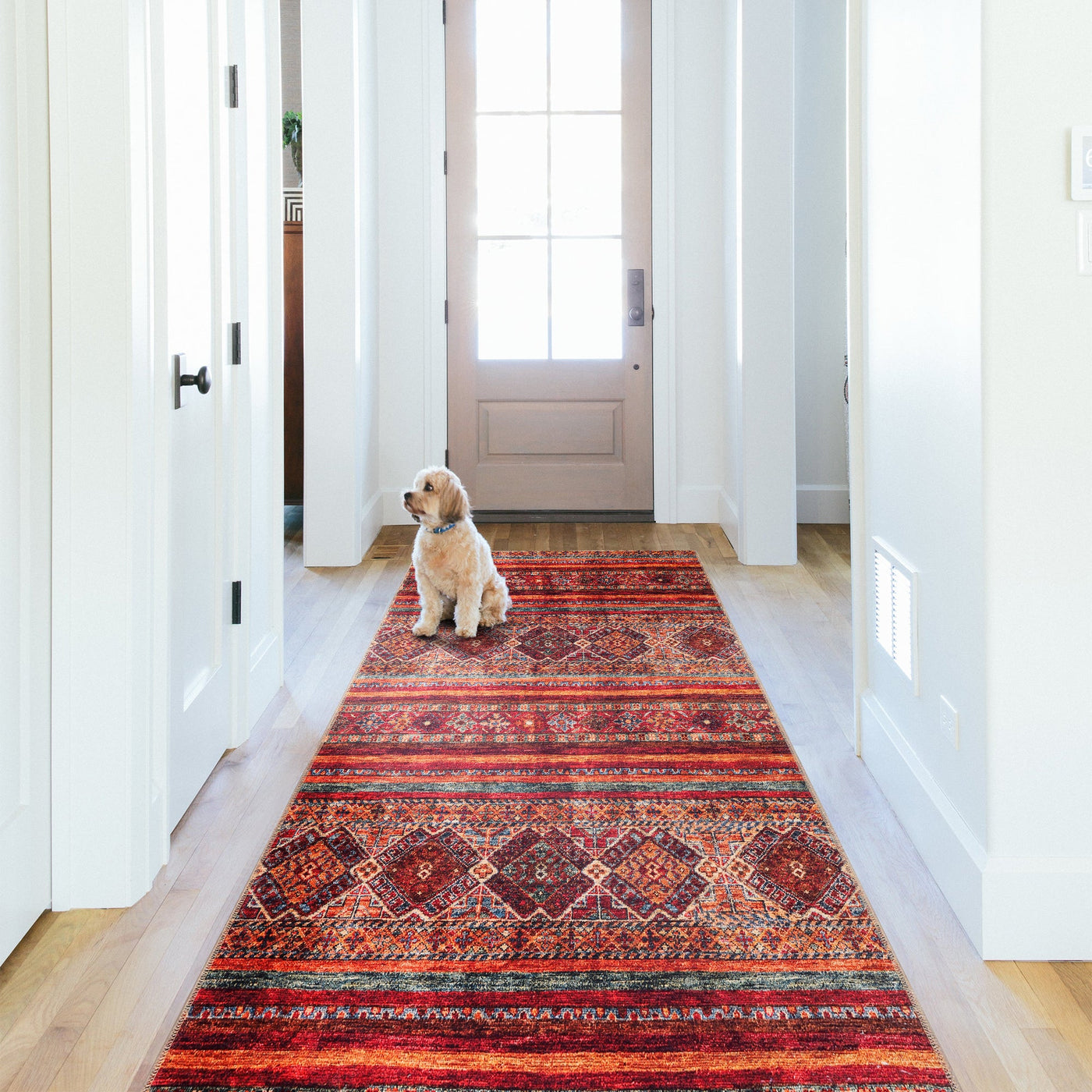 Colorful tribal diamond washable rug by Netline Home featuring multicolor striped kilim-inspired design for living room or bedroom.