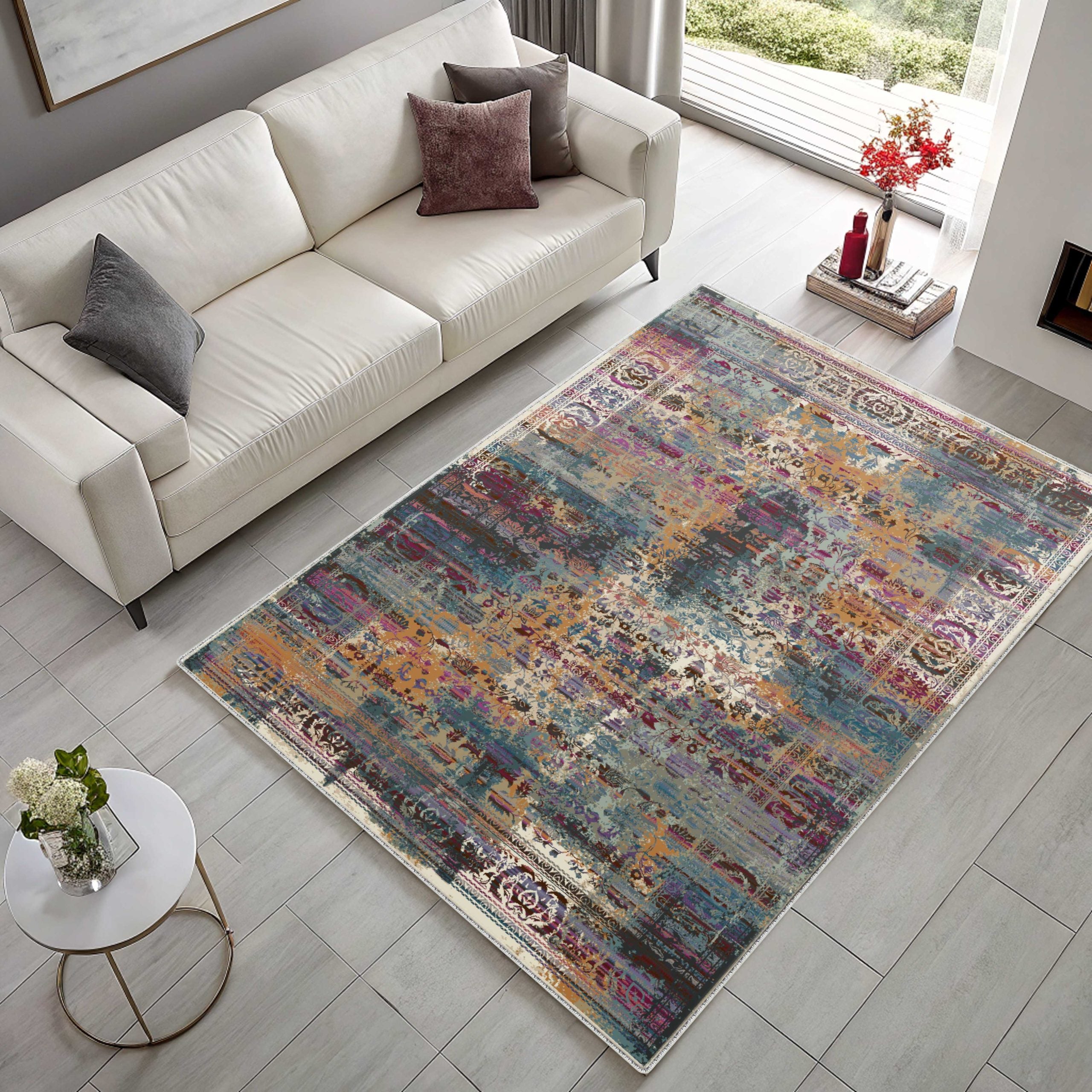 Netline Home Lilac Purple Yellow Gold Classic Modern Vintage Machine Washable Chenille Rug Design NH7118 - Detailed Photoshoot - Netline Home
