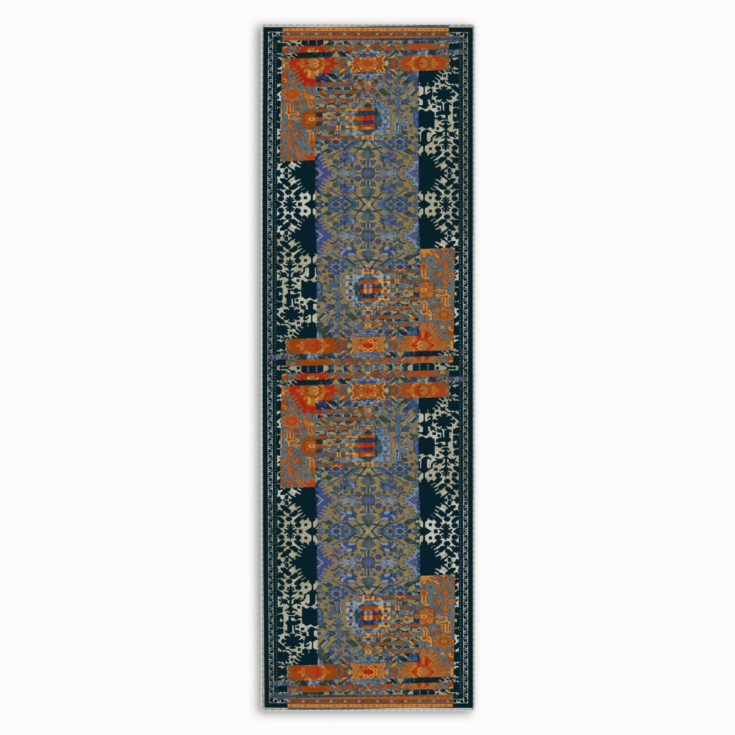 Netline Home Blue Navy Orange Terracotta Classic Vintage Machine Washable Chenille Rug Design NH7119 - Gallery Image 4 - Netline Home