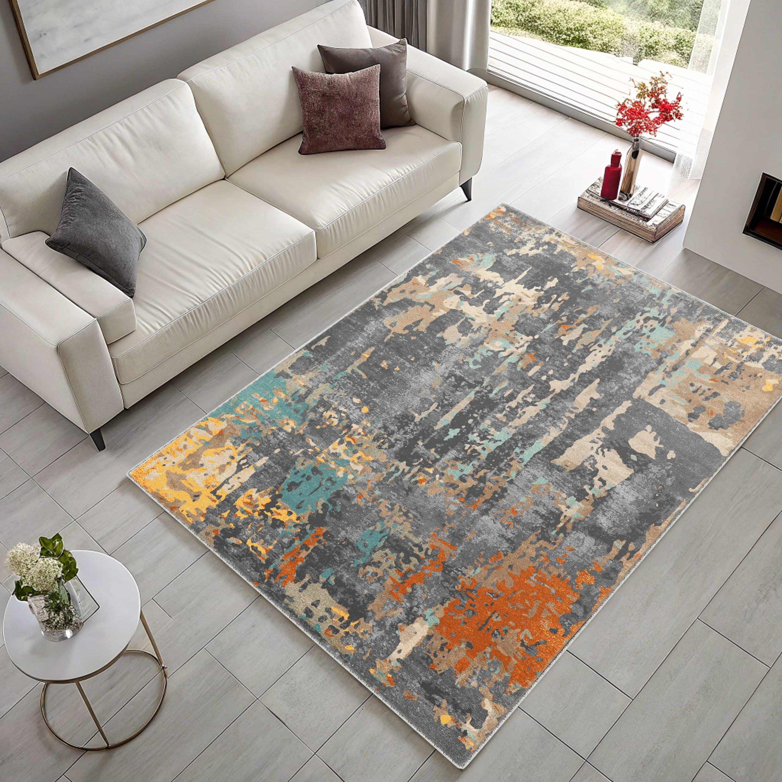 Netline Home Gray Silver Yellow Gold Orange Terracotta Ethnic Modern Machine Washable Chenille Rug Design 2227-01 - Detailed Photoshoot - Netline Home