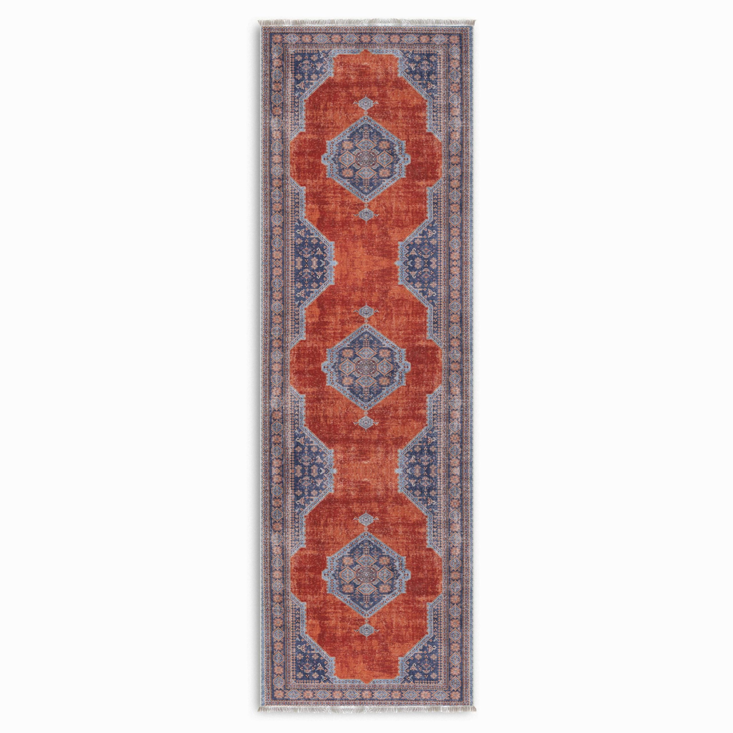 Netline Home Blue Navy Orange Terracotta Ethnic Classic Vintage Machine Washable Chenille Rug Design NH7149 - Gallery Image 5 - Netline Home