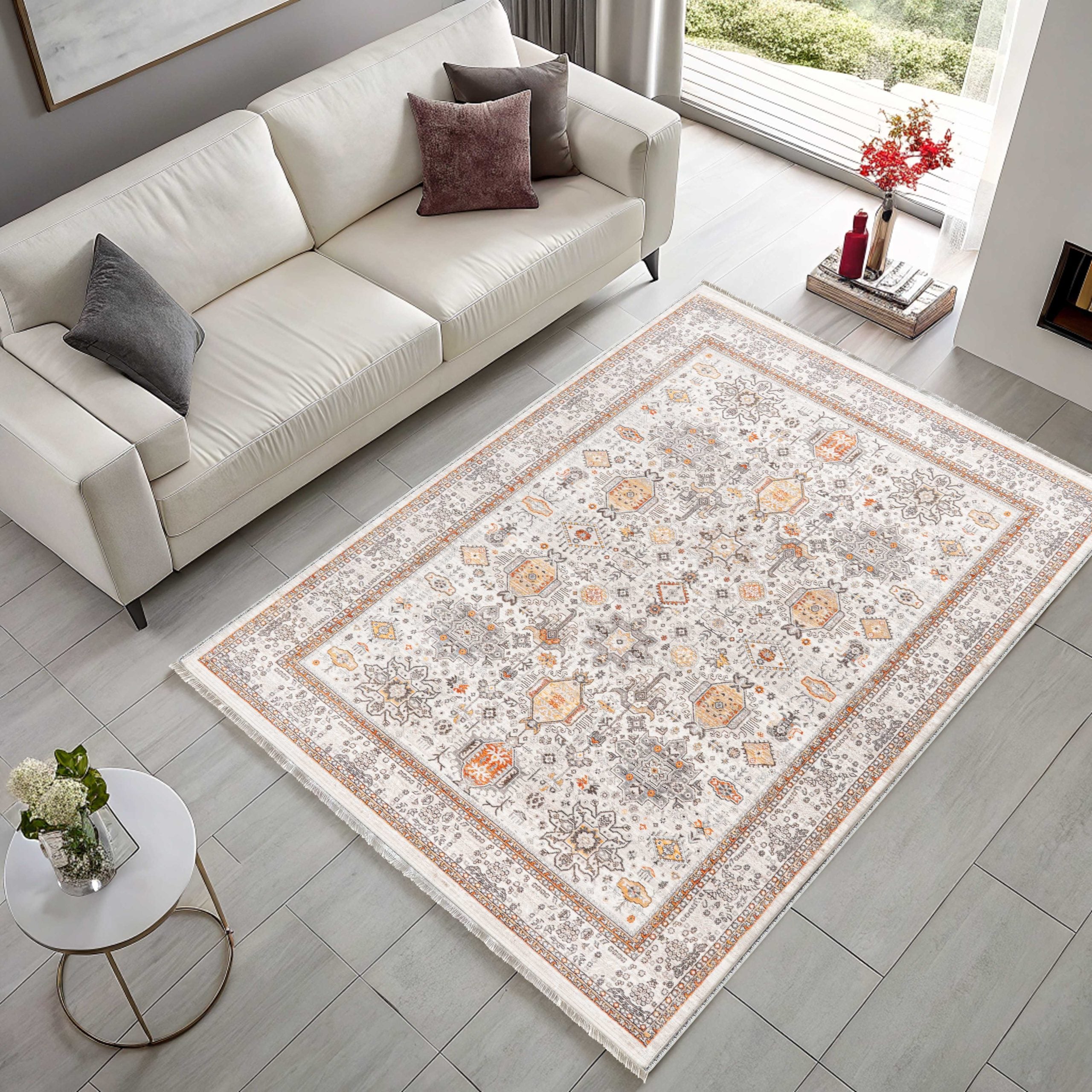Netline Home Cream White Orange Terracotta Ethnic Classic Vintage Machine Washable Chenille Rug Design NH7144 - Detailed Photoshoot - Netline Home