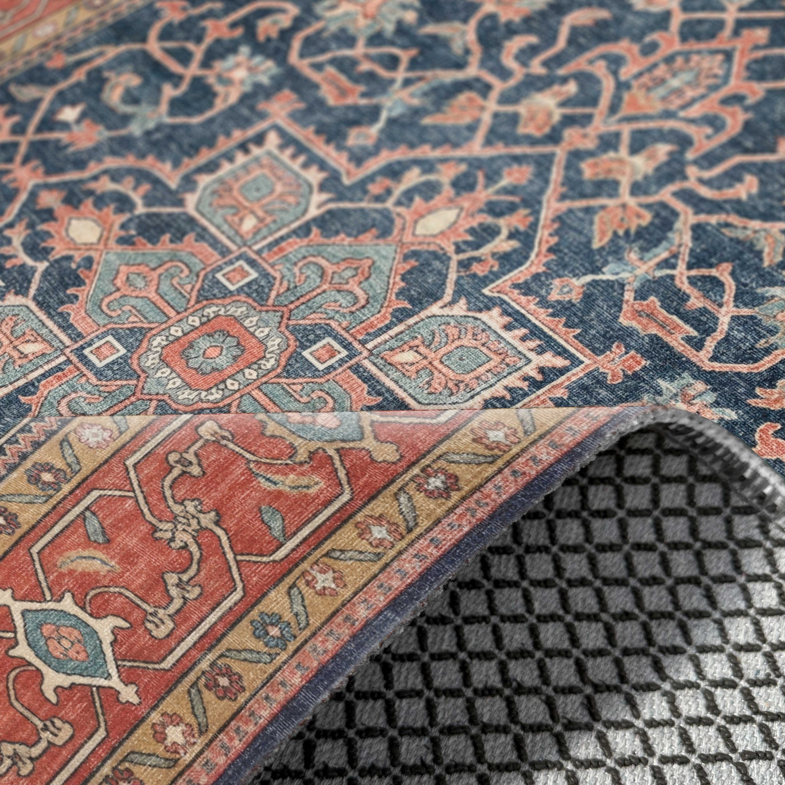 Netline Home Blue Navy Orange Terracotta Ethnic Classic Vintage Machine Washable Chenille Rug Design NH7170 - Gallery Image 5 - Netline Home