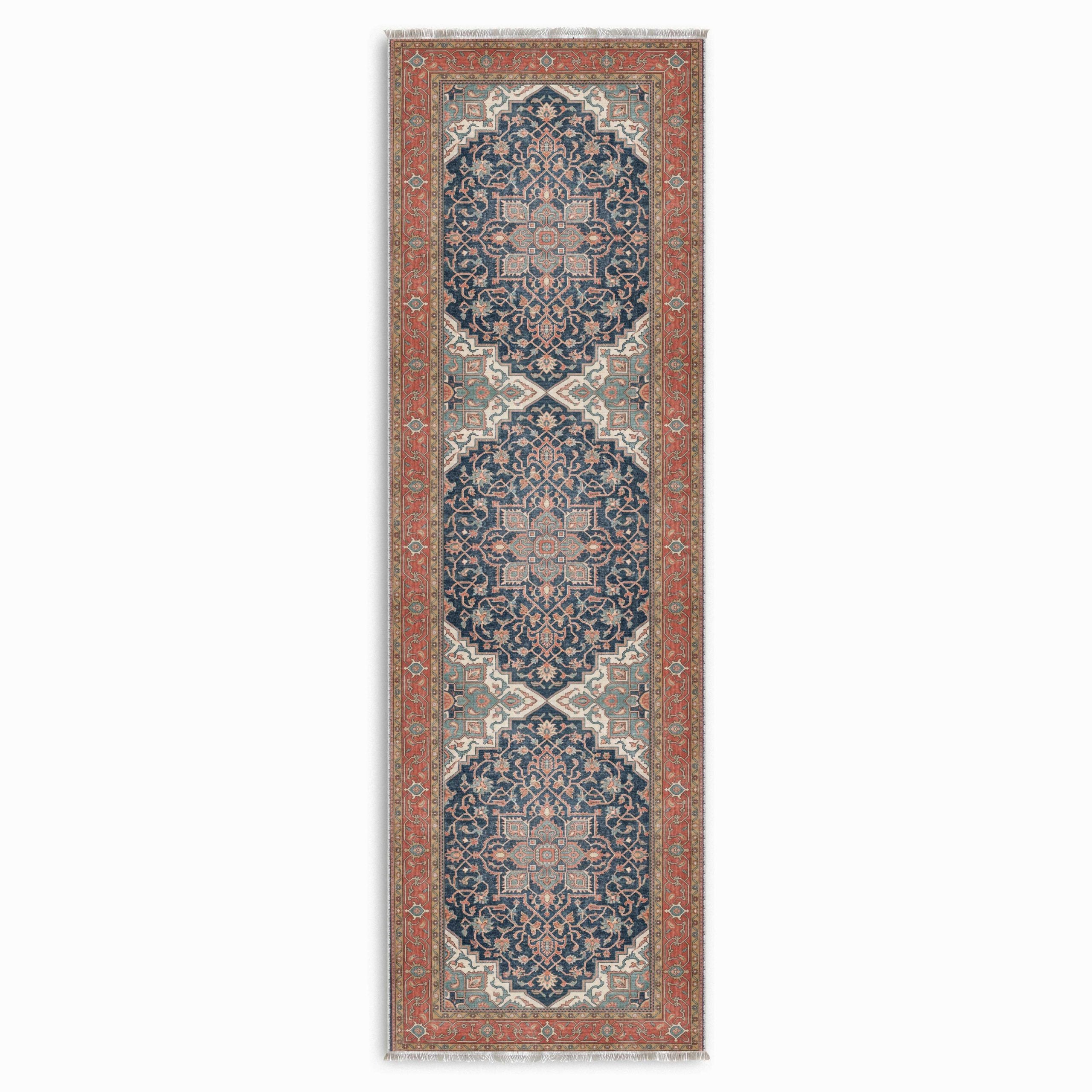 Netline Home Blue Navy Orange Terracotta Ethnic Classic Vintage Machine Washable Chenille Rug Design 3041 - Gallery Image 7 - Netline Home