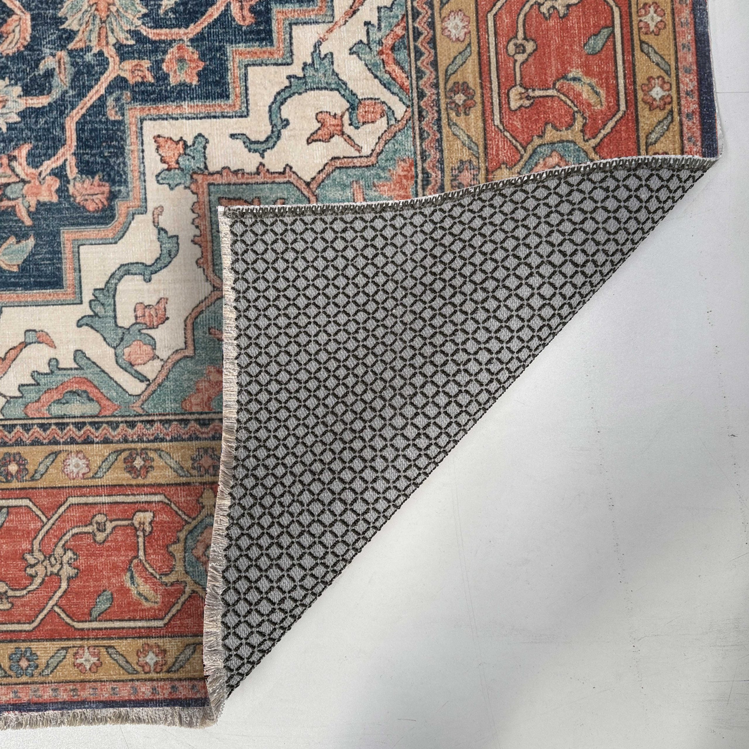 Netline Home Blue Navy Orange Terracotta Ethnic Classic Vintage Machine Washable Chenille Rug Design NH7170 - Gallery Image 4 - Netline Home