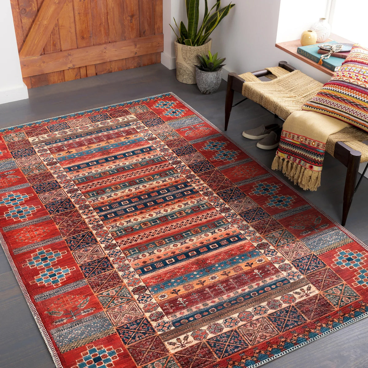 Multicolor striped Caucasian tribal rug by Netline Home, machine washable oriental carpet for living room or bedroom.
