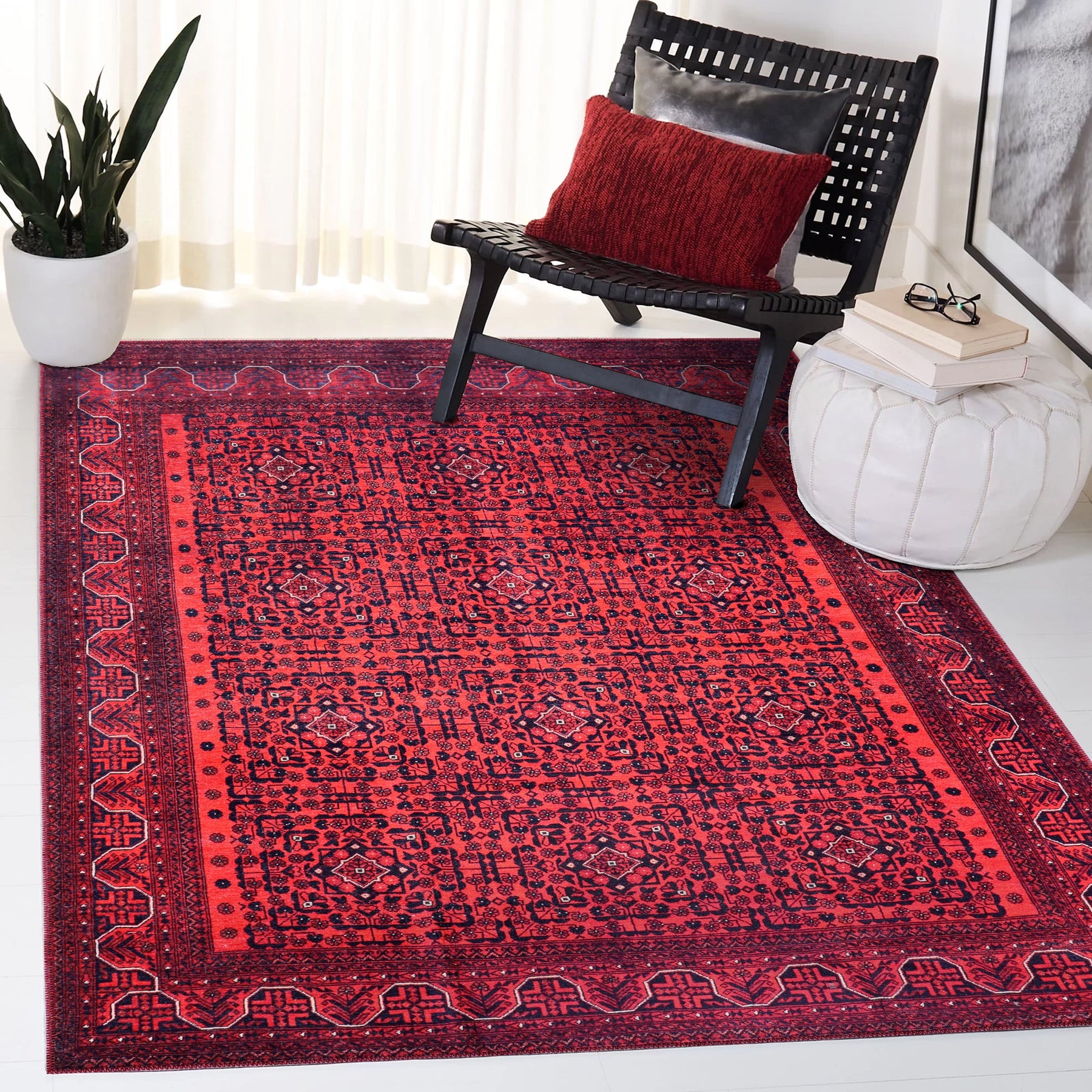 Machine washable Bokhara red rug by Netline Home with classic geometric oriental pattern, ideal for living rooms and bedrooms.