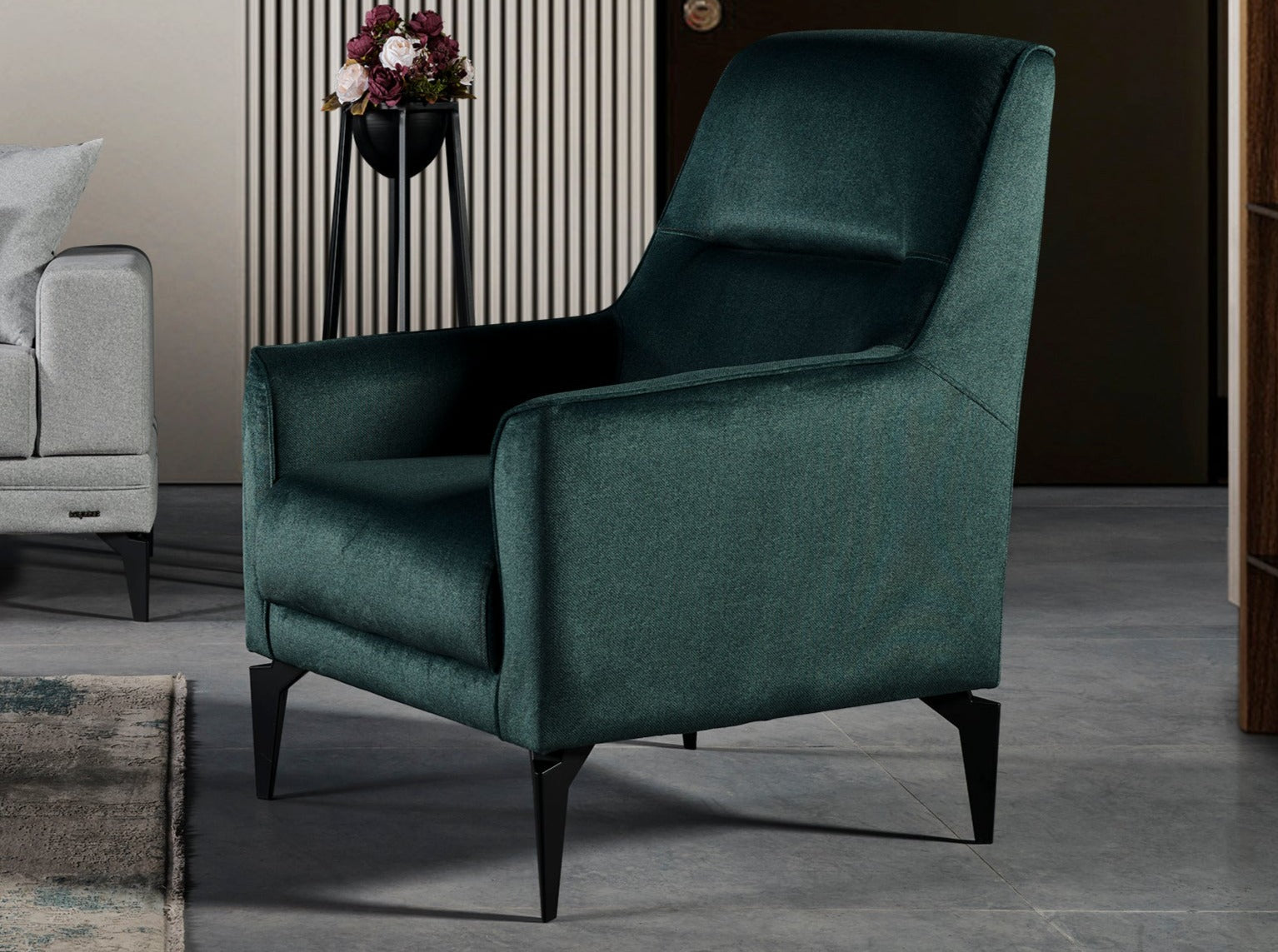 Netline Home Interior Talin Armchair with plush fabric and modern design, perfect for comfortable accent seating in living rooms.