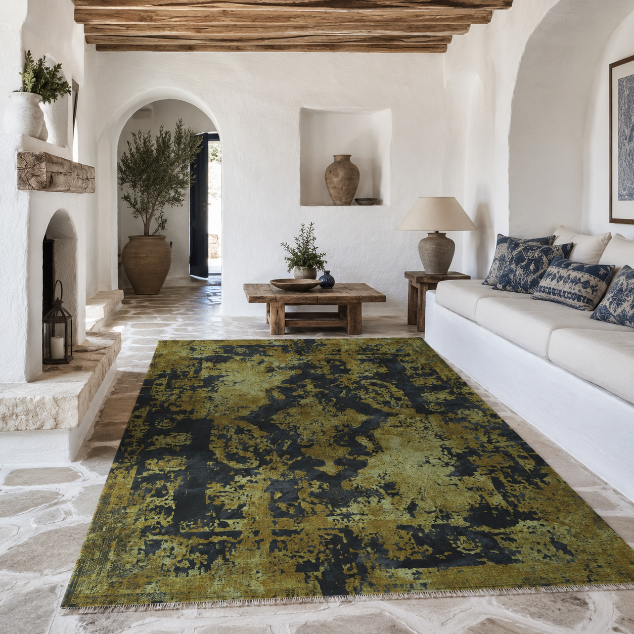 Netline Home Yellow Gold Black Anthracite Vintage Machine Washable Chenille Rug Design NH7020