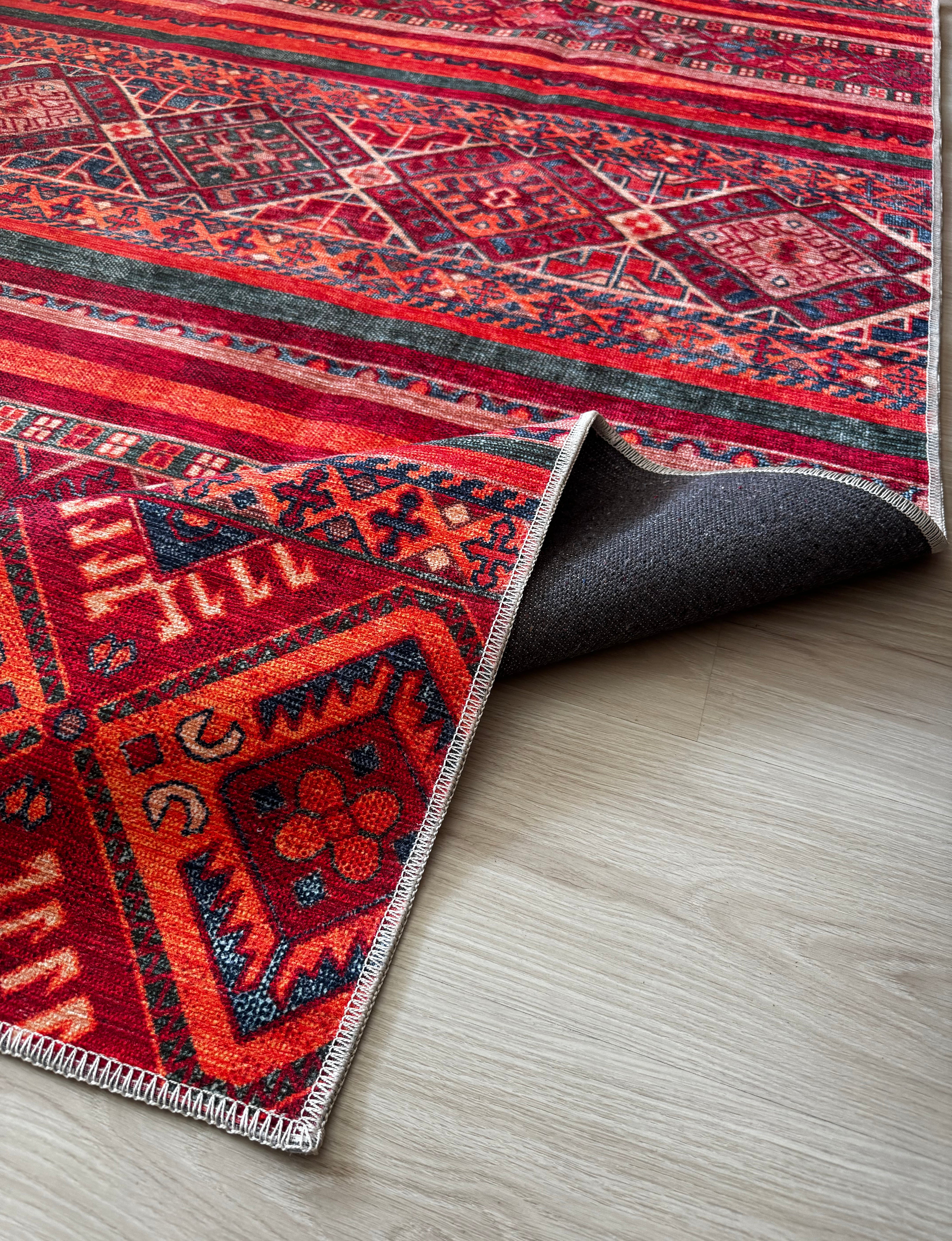 Netline Home Rugs Depot 1322K – Machine Washable Red Tribal Kilim Rug | Multicolor Geometric Striped Carpet for Living Room, Bedroom & Dining