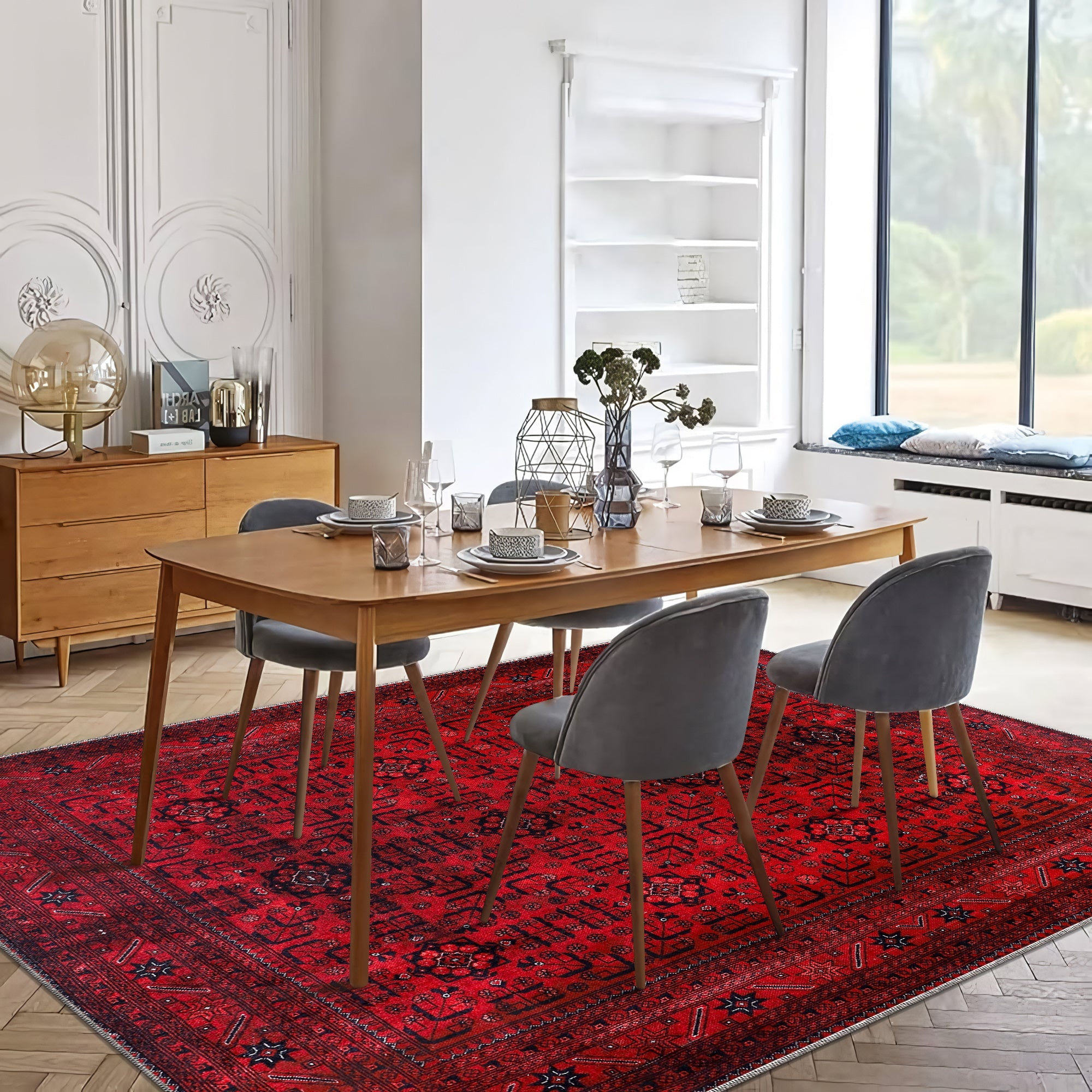 Netline Home Rugs Depot RW1001 – Machine Washable Red Afghan Pattern Area Rug | Traditional Oriental Geometric Design for Living Room, Bedroom & Office