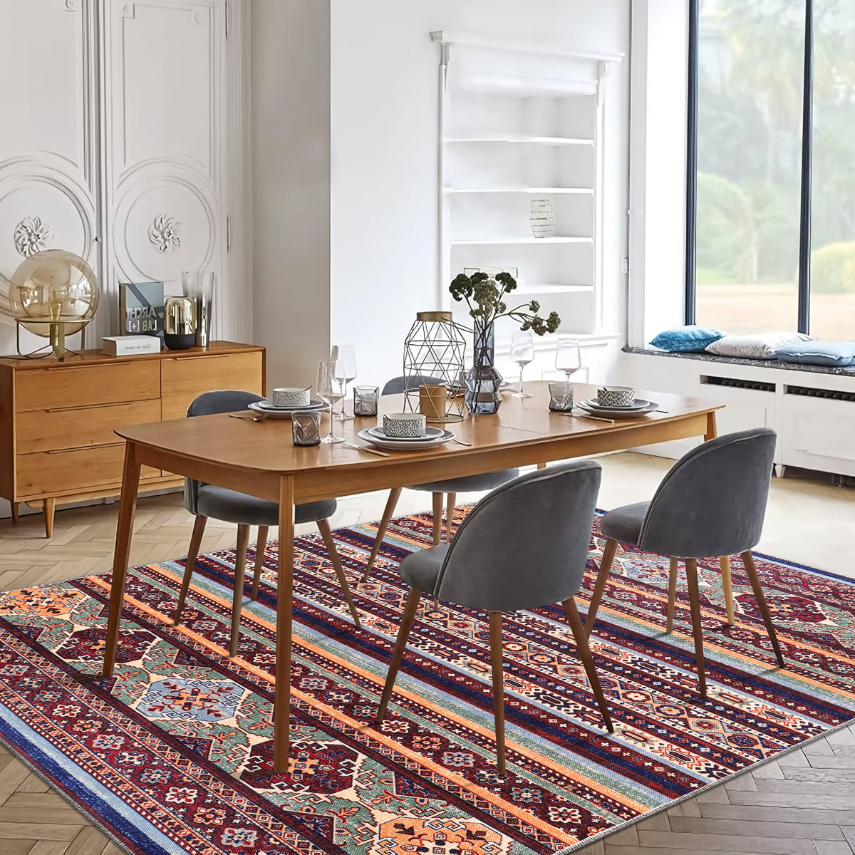 Multicolor tribal kilim rug by Netline Home with geometric stripes, machine washable, ideal for living rooms, bedrooms, and dining areas.