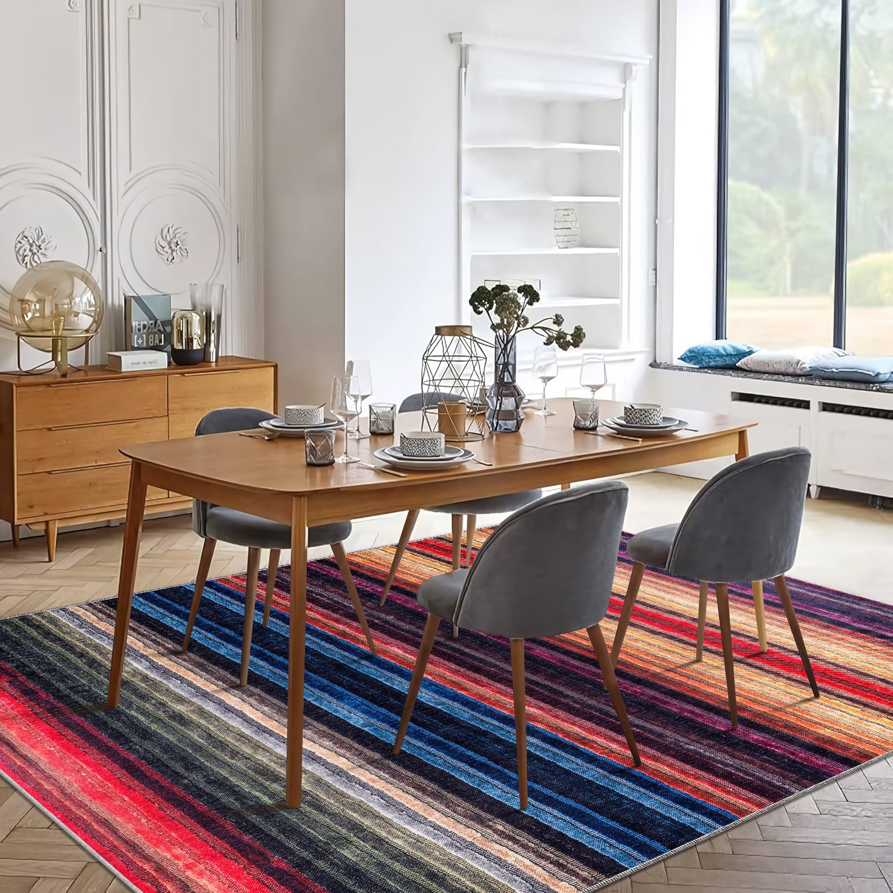 Multicolor striped washable area rug by Netline Home, modern bohemian style, vibrant carpet for living room, bedroom, or office.