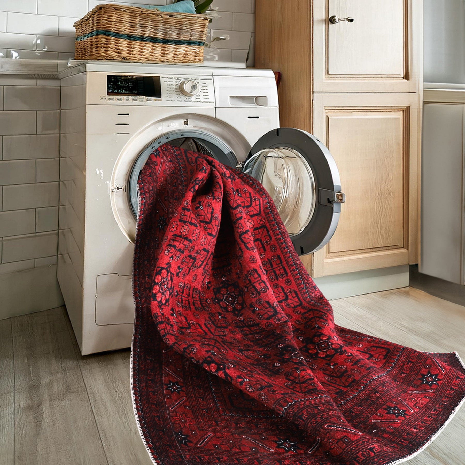 Red washable Afghan pattern area rug by Netline Home with traditional geometric design, suitable for living rooms, bedrooms, and offices.