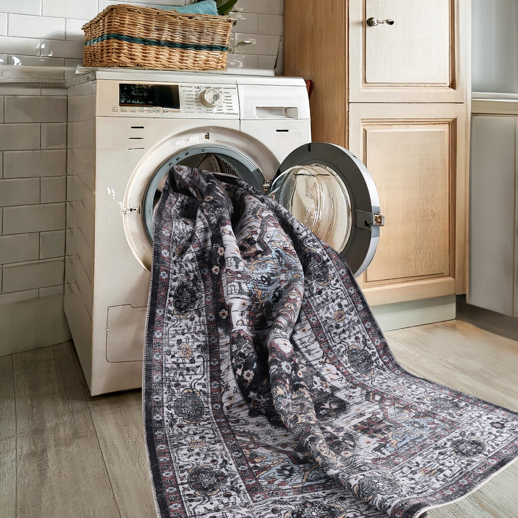 Machine washable Persian medallion rug by Netline Home featuring vintage black, white, and blue accents for living room and bedroom.