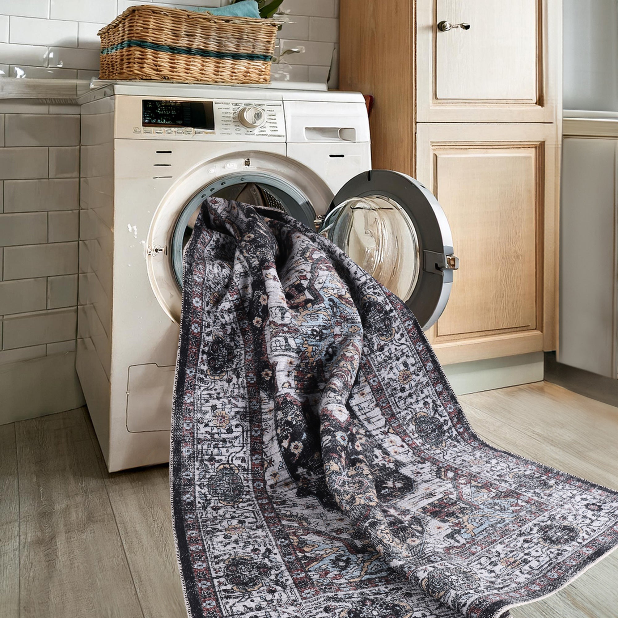 Netline Home Rugs Depot RW1003 – Machine Washable Persian Medallion Rug | Vintage Black & White Oriental Carpet with Blue Accents for Living Room, Bedroom & Dining