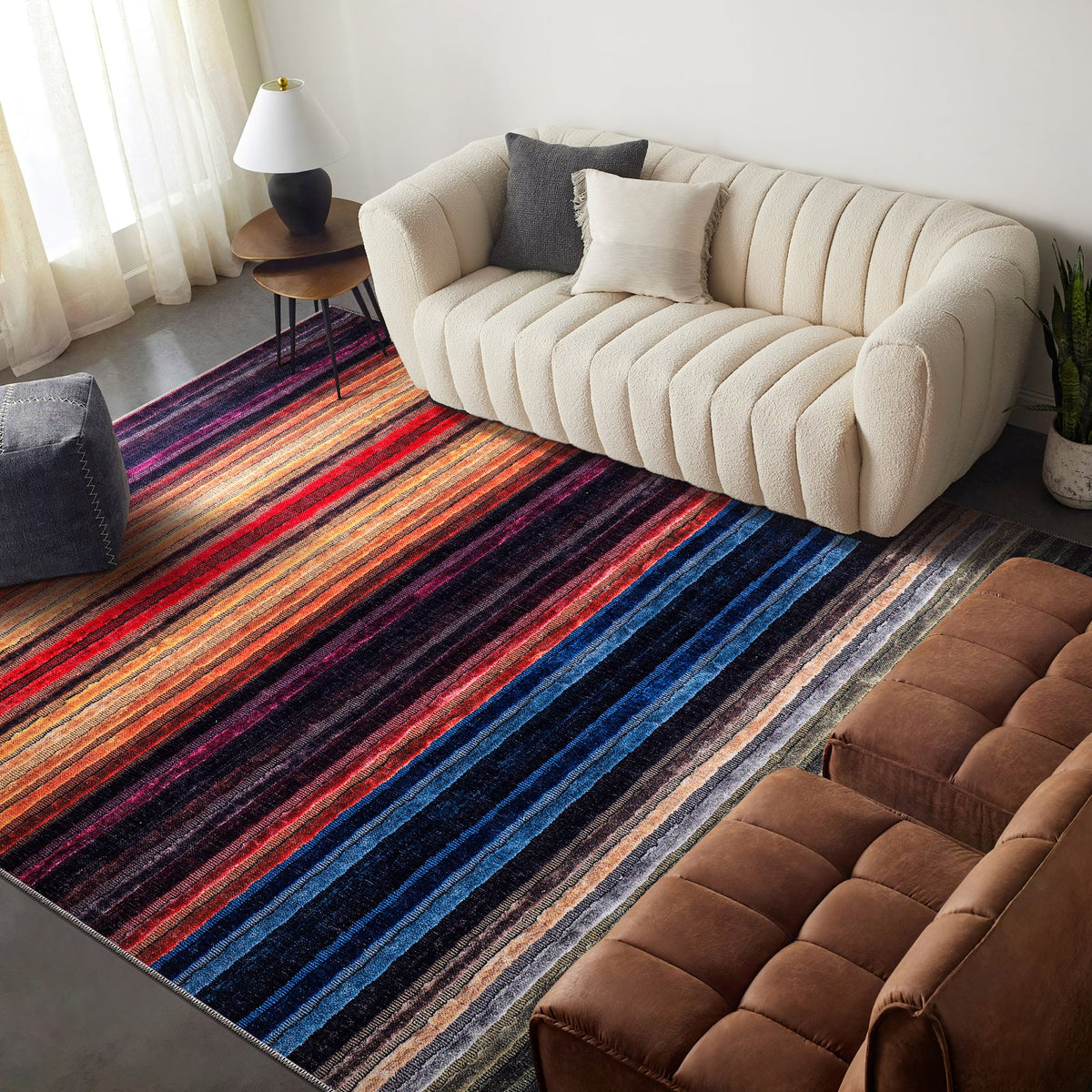 Multicolor striped washable rug by Netline Home featuring vibrant modern bohemian design, ideal for living room, bedroom, or office.