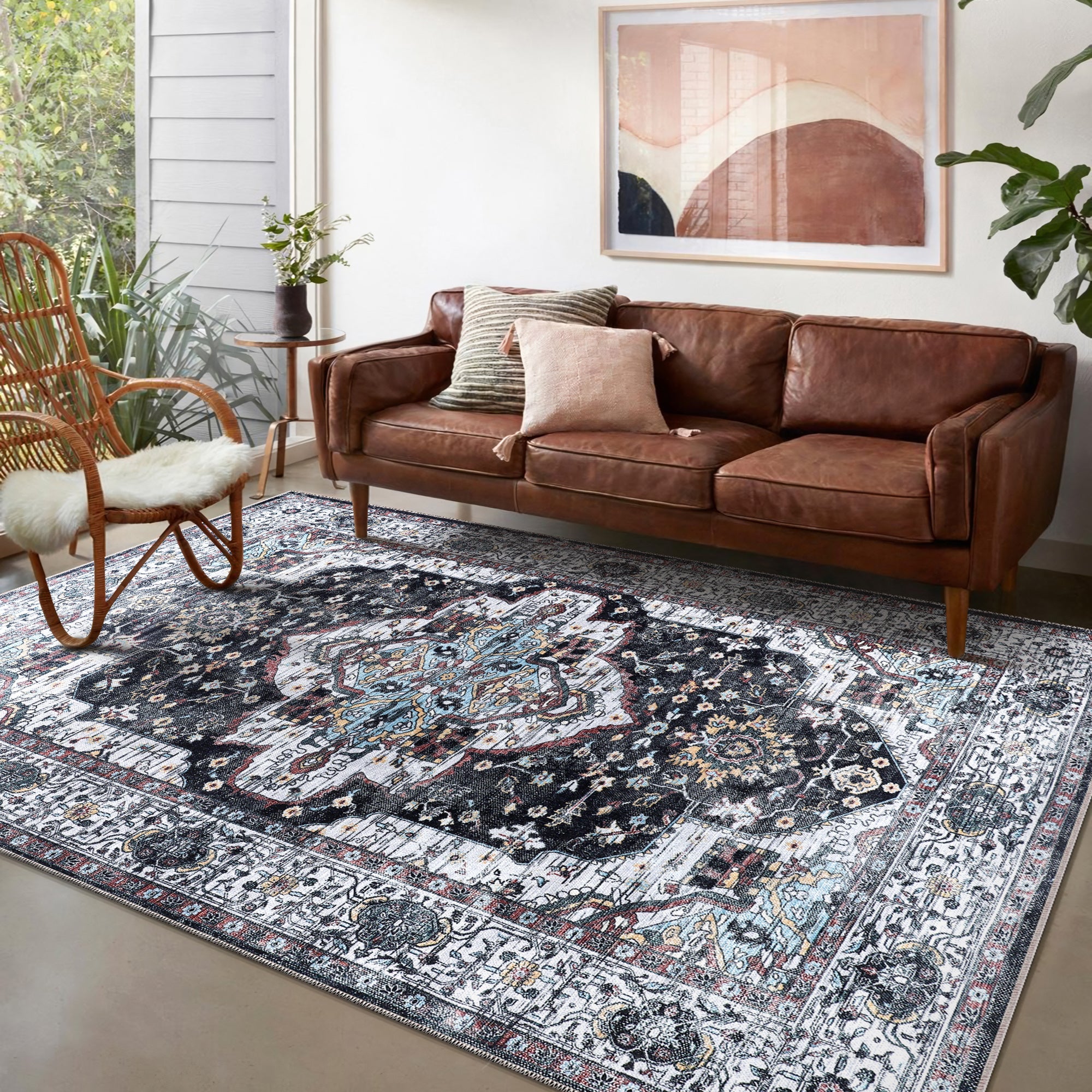 Netline Home Rugs Depot RW1003 – Machine Washable Persian Medallion Rug | Vintage Black & White Oriental Carpet with Blue Accents for Living Room, Bedroom & Dining