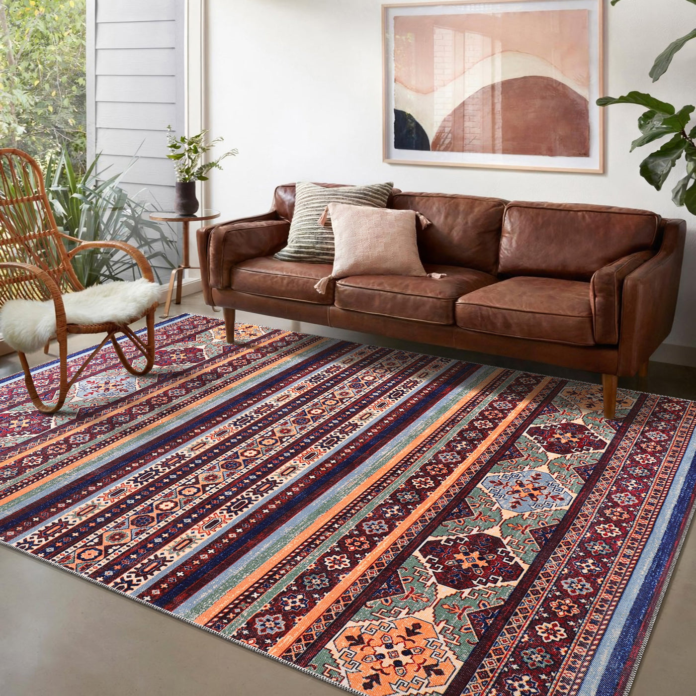 Machine washable multicolor tribal Kilim rug by Netline Home, featuring geometric stripes, ideal for living rooms, bedrooms, and dining areas.