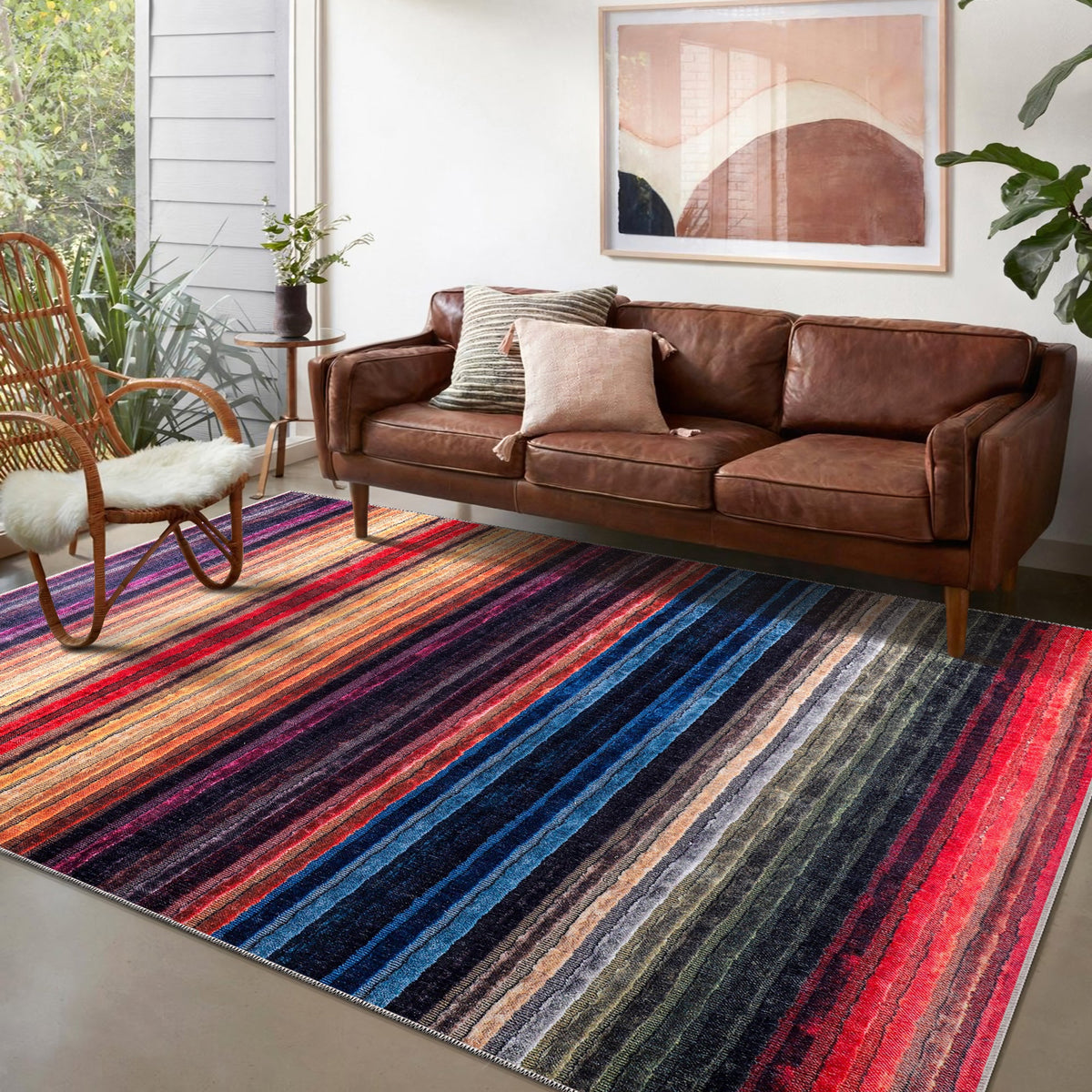 Multicolor striped washable rug by Netline Home, modern bohemian design, vibrant area rug for living room, bedroom, or office.