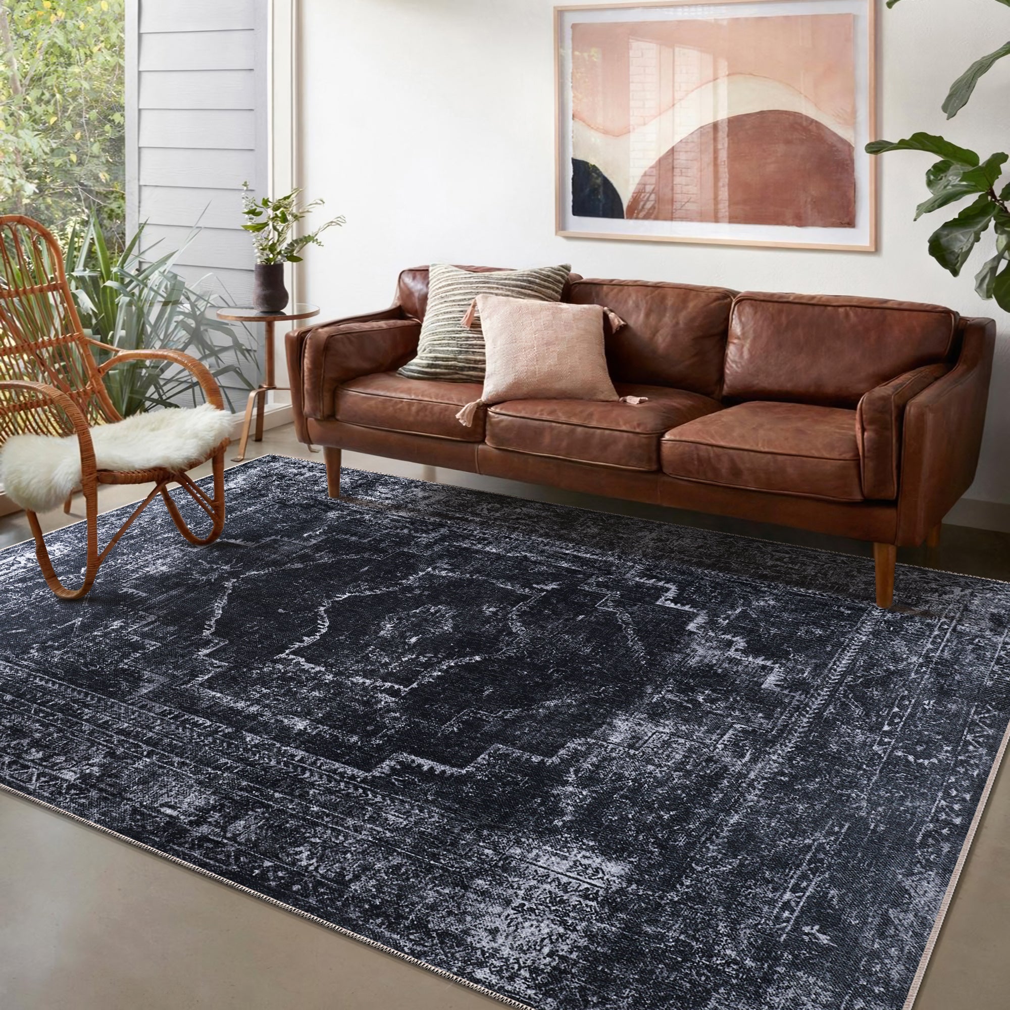 Netline Home Rugs Depot RW1007 – Machine Washable Distressed Black Rug | Modern Vintage Medallion Carpet for Living Room, Bedroom & Office