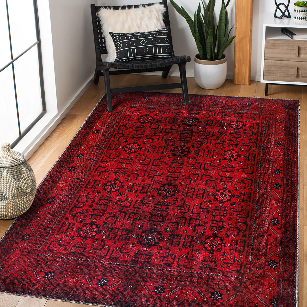Machine washable red Afghan pattern area rug with traditional geometric design, ideal for living room, bedroom, or office.