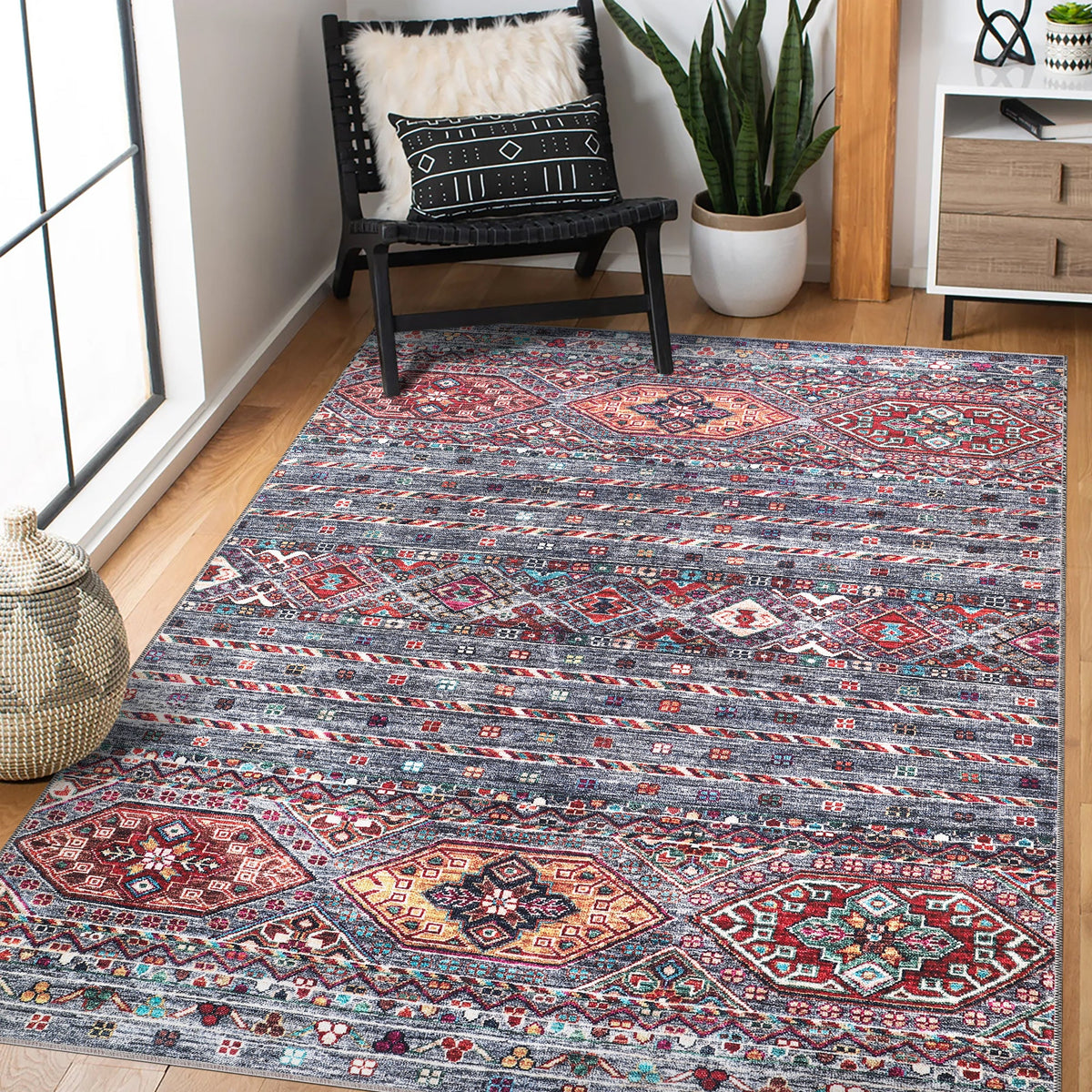 Multicolor tribal diamond design washable rug by Netline Home, bohemian kilim-style carpet for living room, bedroom, or office.