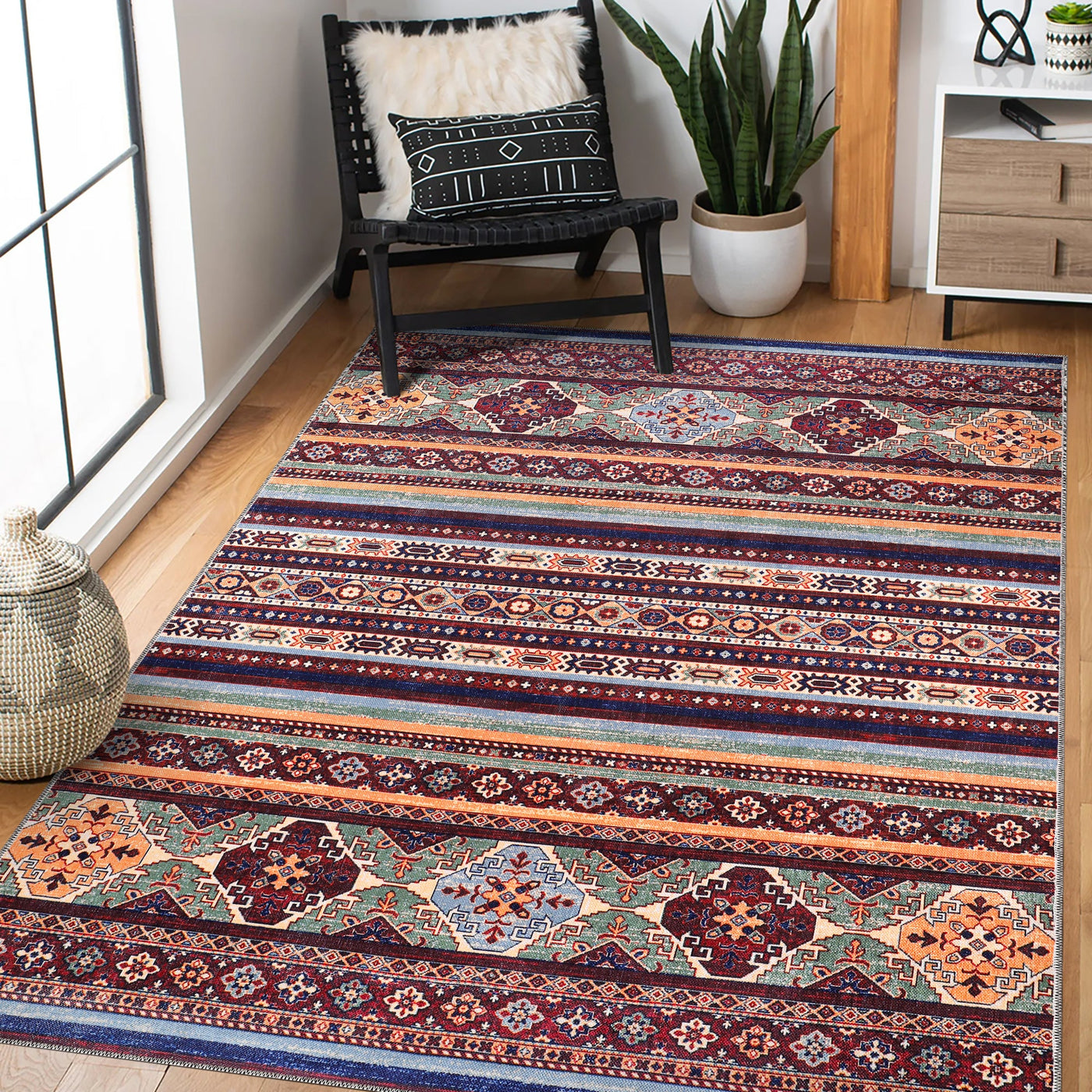 Multicolor tribal Kilim rug by Netline Home featuring geometric stripes, machine washable, ideal for living room, bedroom, or dining area.