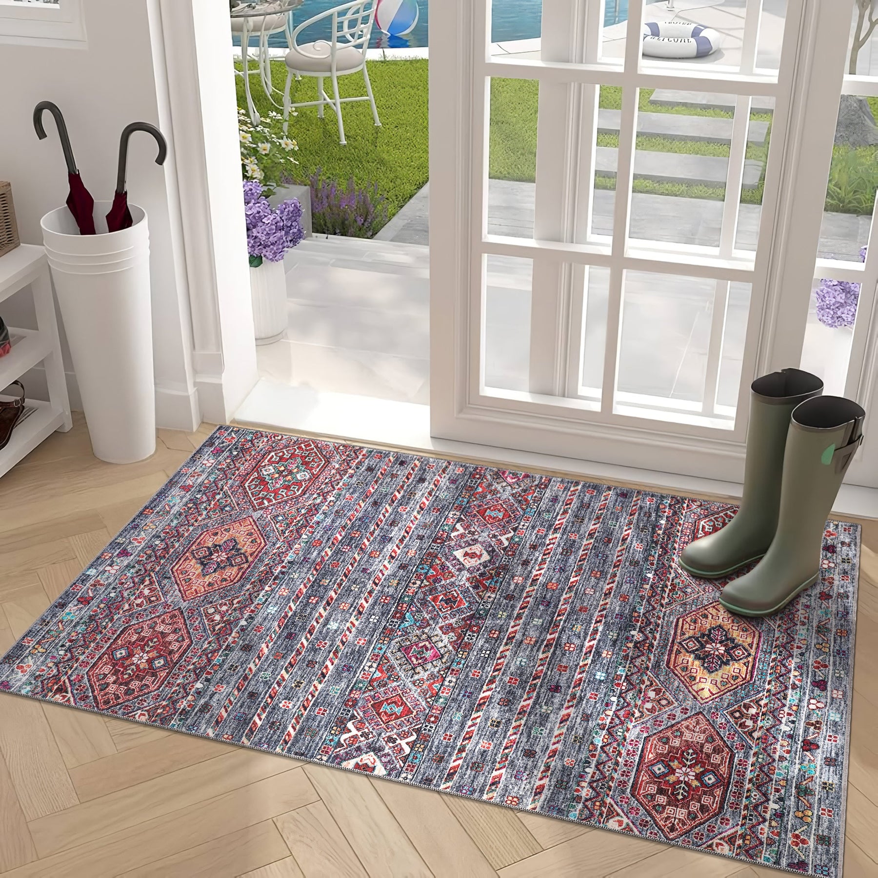Multicolor tribal diamond washable rug by Netline Home, bohemian kilim-style carpet for living room, bedroom, or office space.