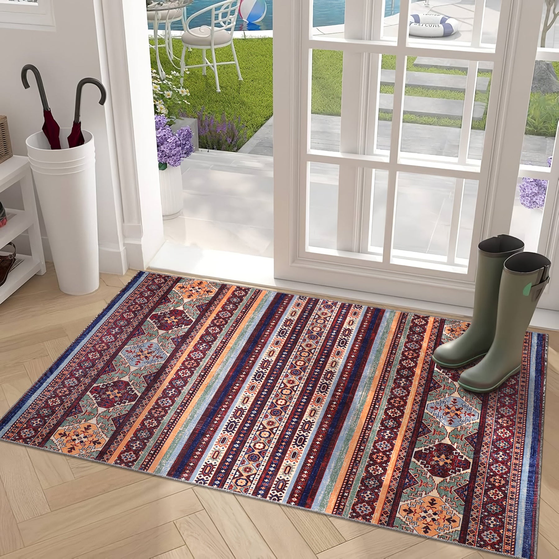 Multicolor tribal kilim rug by Netline Home featuring geometric stripes, machine washable oriental design for living, bedroom, or dining.
