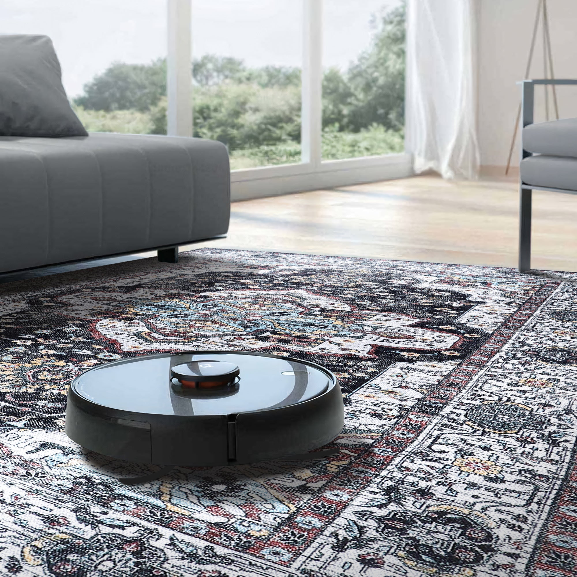 Netline Home Rugs Depot RW1003 – Machine Washable Persian Medallion Rug | Vintage Black & White Oriental Carpet with Blue Accents for Living Room, Bedroom & Dining