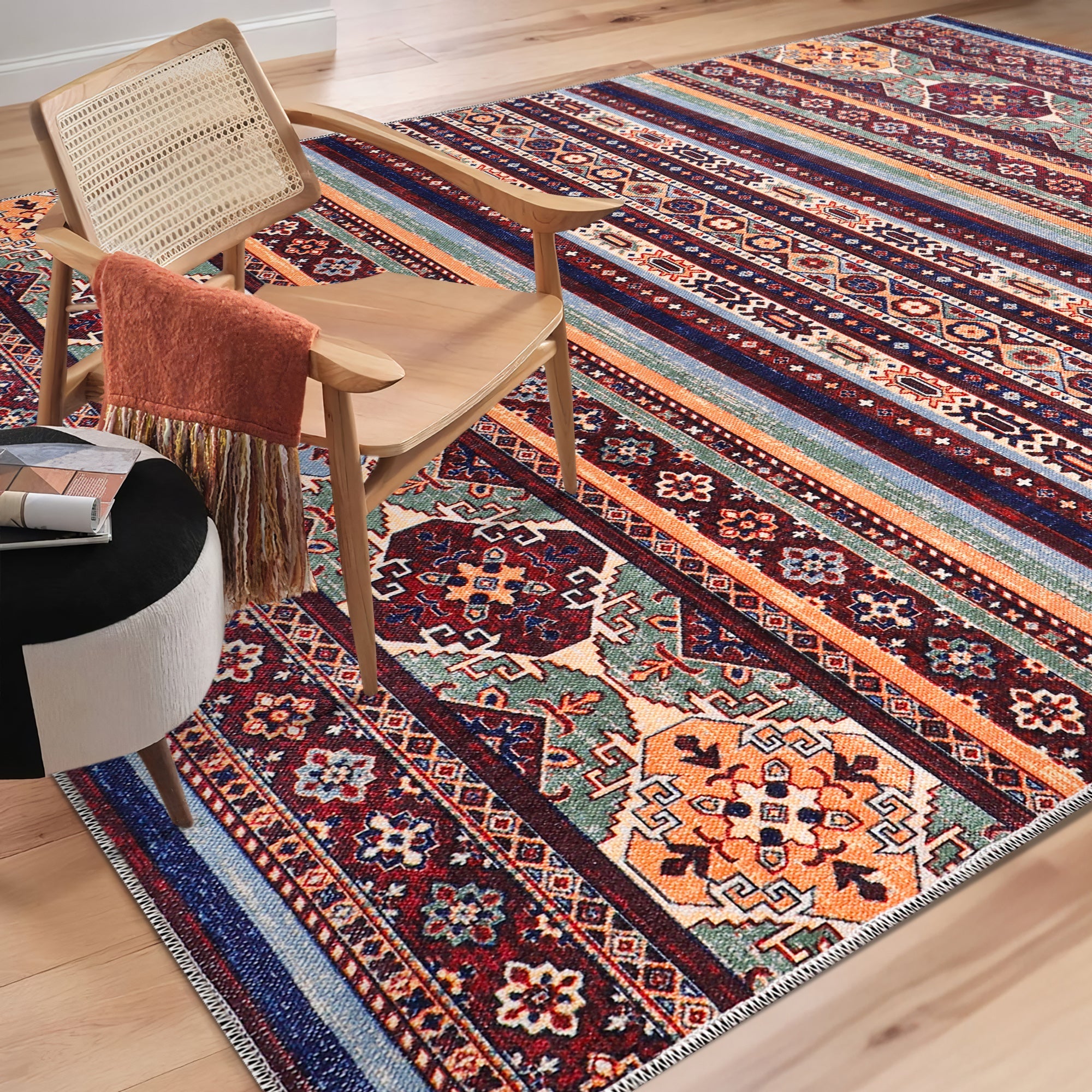 Netline Home Rugs Depot RW1004 – Machine Washable Multicolor Tribal Kilim Rug | Geometric Striped Oriental Carpet for Living Room, Bedroom & Dining