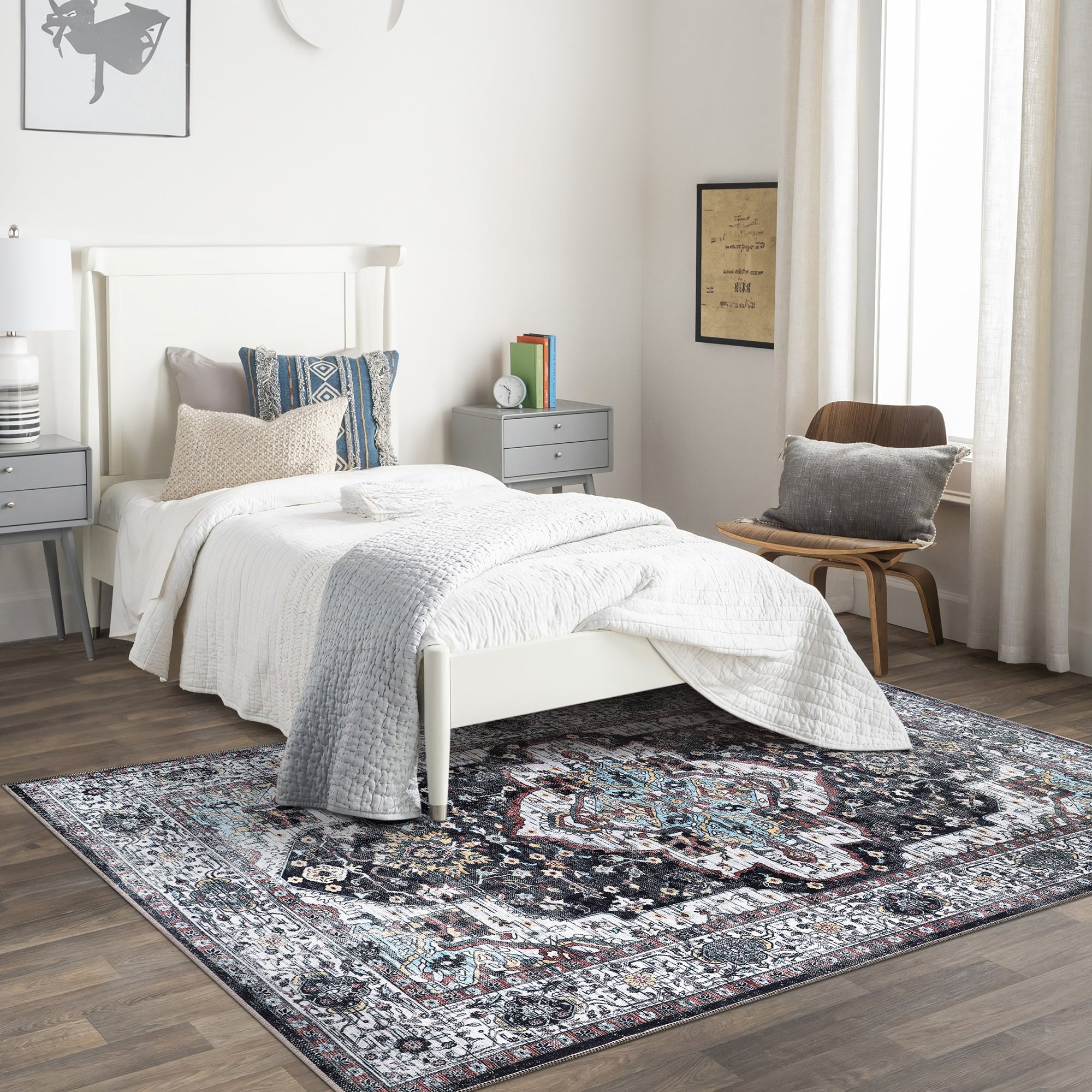 Netline Home Rugs Depot RW1003 – Machine Washable Persian Medallion Rug | Vintage Black & White Oriental Carpet with Blue Accents for Living Room, Bedroom & Dining