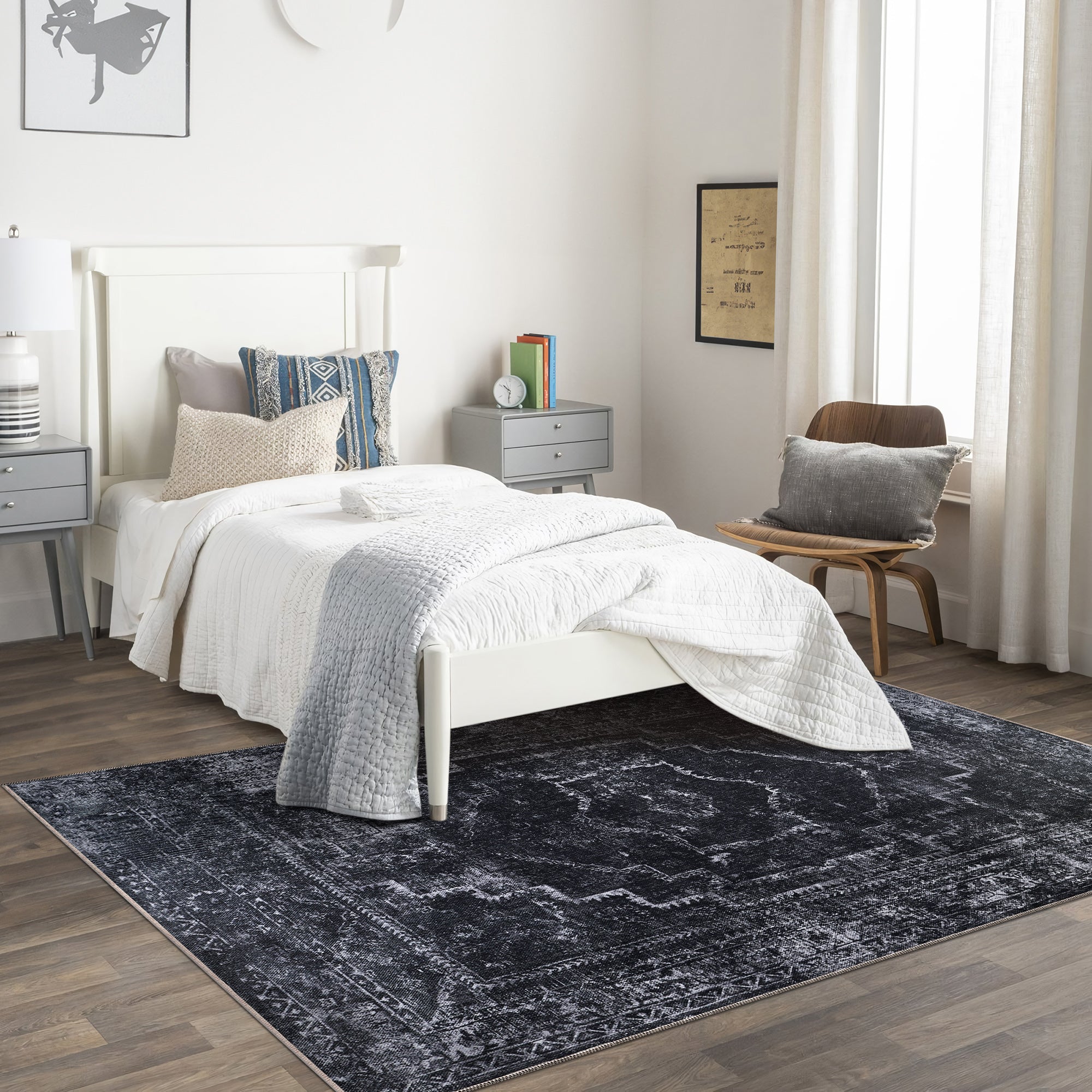 Netline Home Rugs Depot RW1007 – Machine Washable Distressed Black Rug | Modern Vintage Medallion Carpet for Living Room, Bedroom & Office