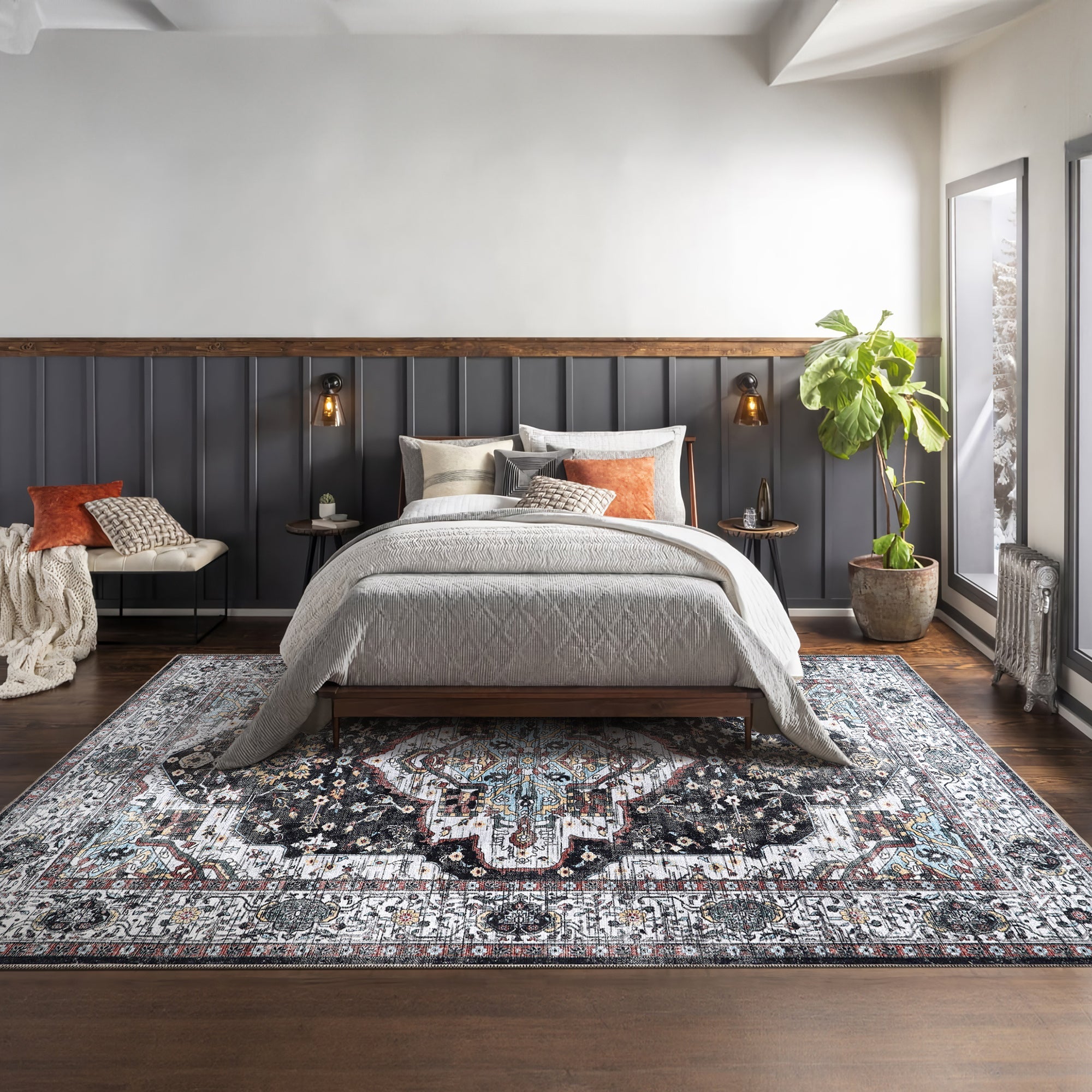 Netline Home Rugs Depot RW1003 – Machine Washable Persian Medallion Rug | Vintage Black & White Oriental Carpet with Blue Accents for Living Room, Bedroom & Dining