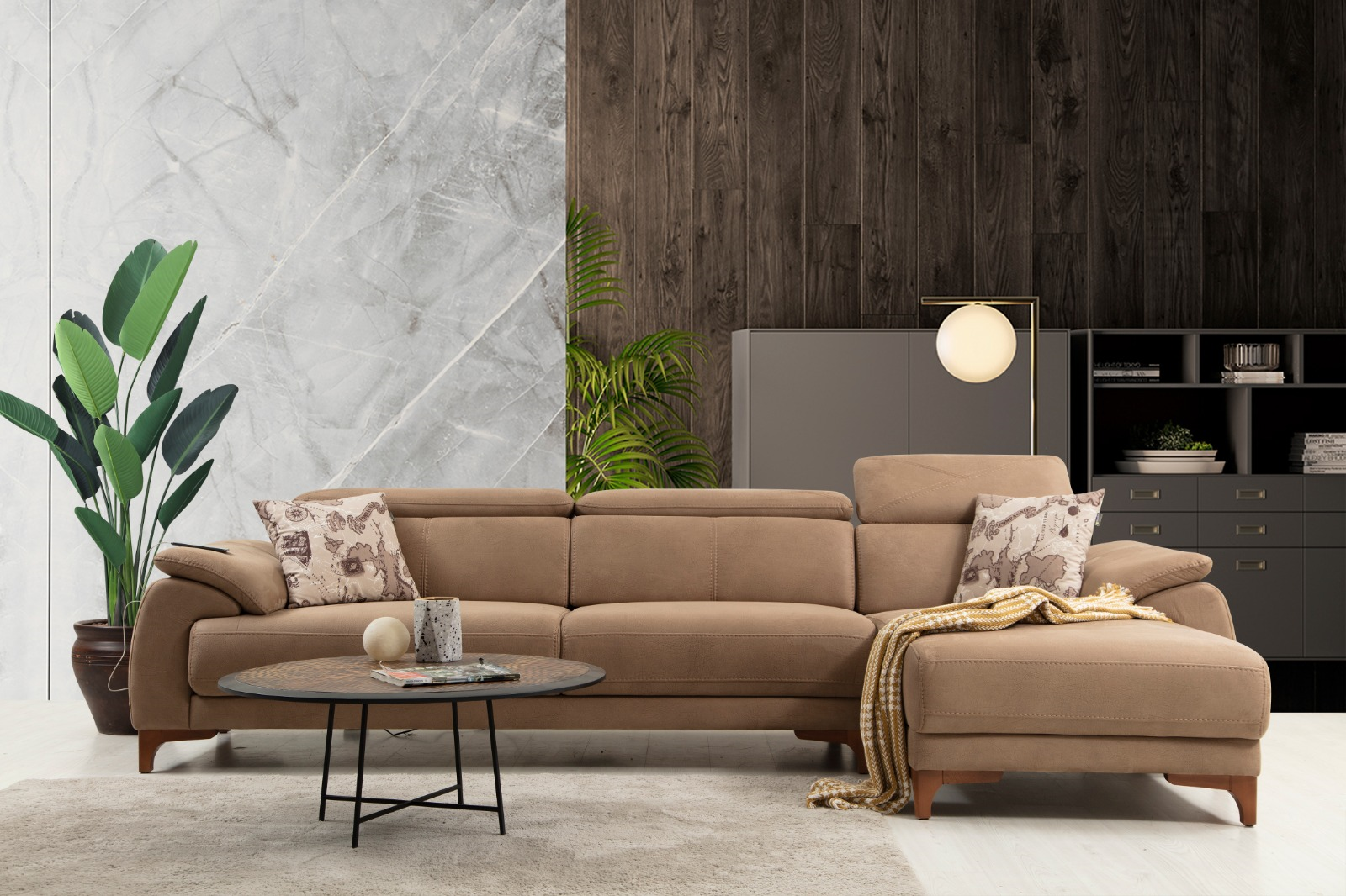 Oscar Relax Mini L Corner Recliner Sofa by Netline Home Interior, showing the plush, fabric-upholstered recliner with L-shaped design