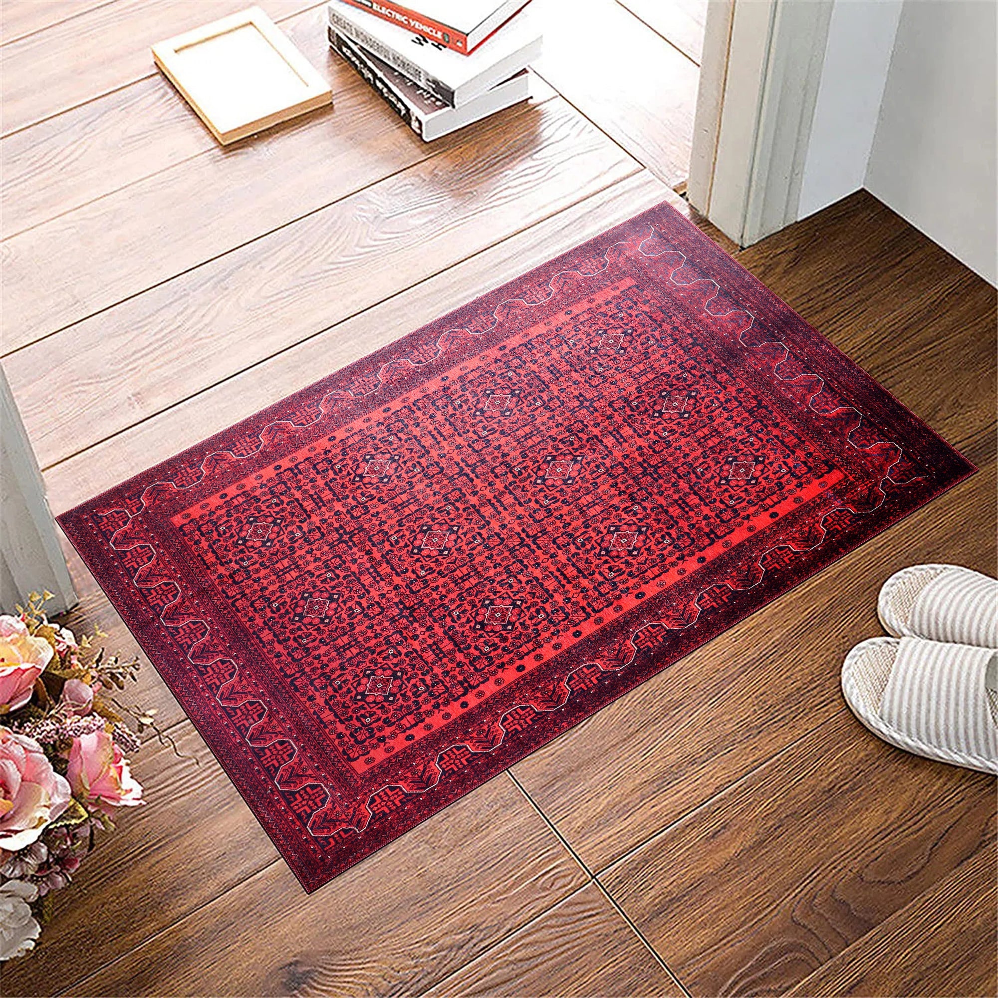 Netline Home Rugs Depot NH1317 – Machine Washable Bokhara Red Rug | Classic Geometric Oriental Carpet for Living Room & Bedroom