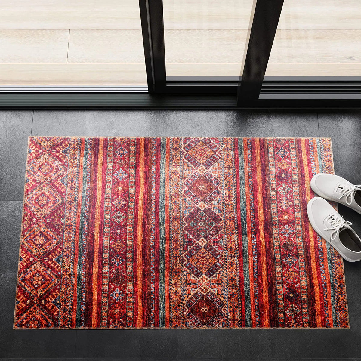 Colorful tribal diamond washable rug by Netline Home with multicolor striped pattern, ideal for living room, bedroom, or dining area.