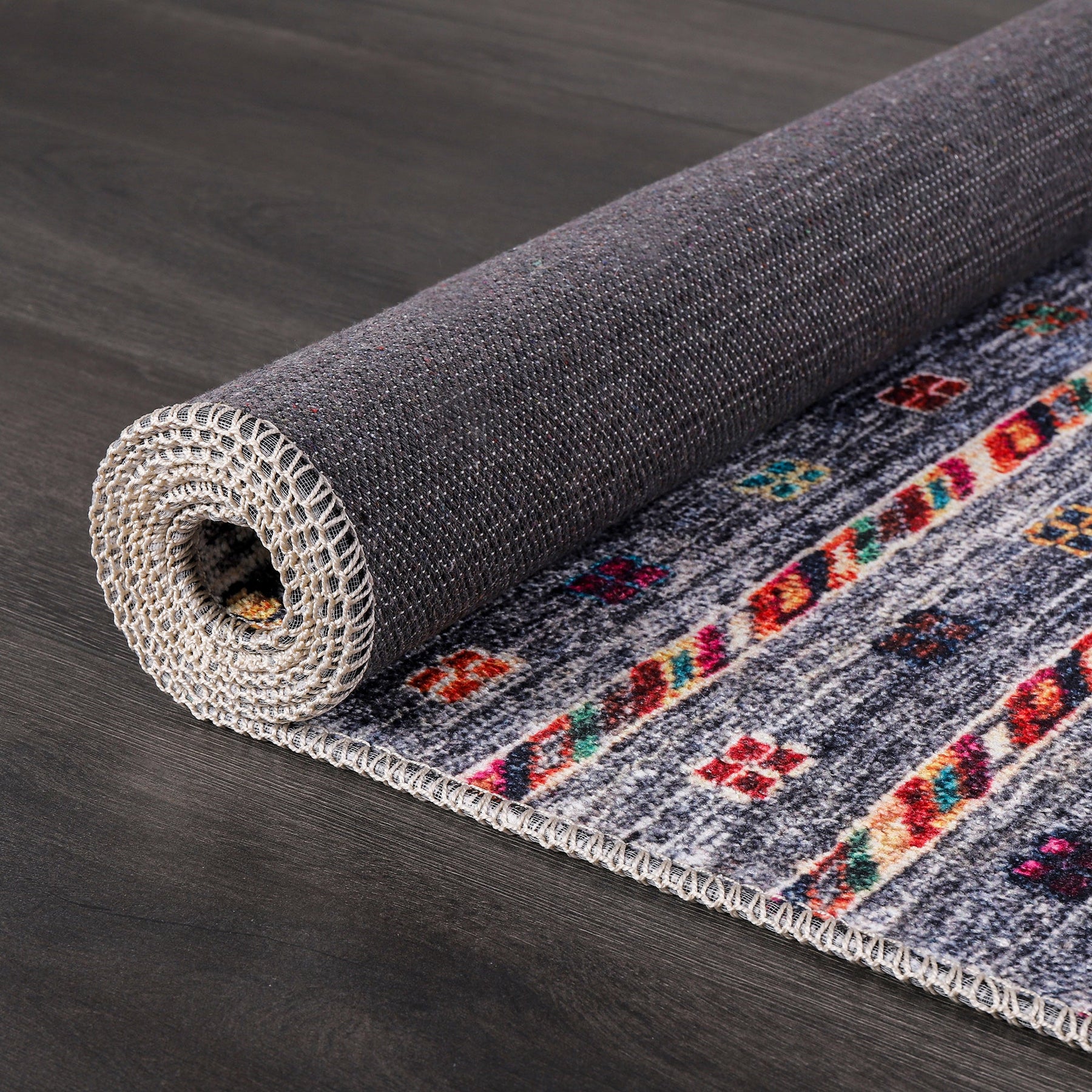 Multicolor tribal diamond pattern washable rug by Netline Home, bohemian kilim-style carpet for living room, bedroom, or office.