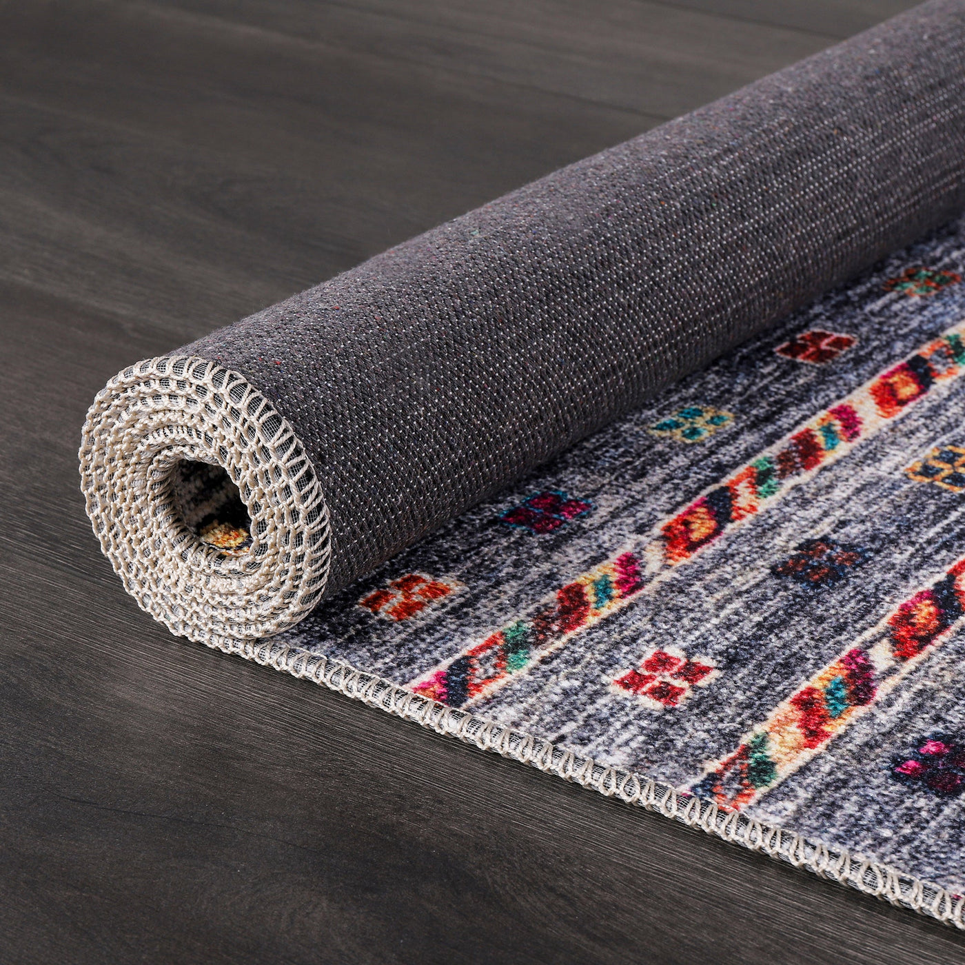 Multicolor tribal diamond pattern washable rug by Netline Home, bohemian kilim-style carpet for living room, bedroom, or office.