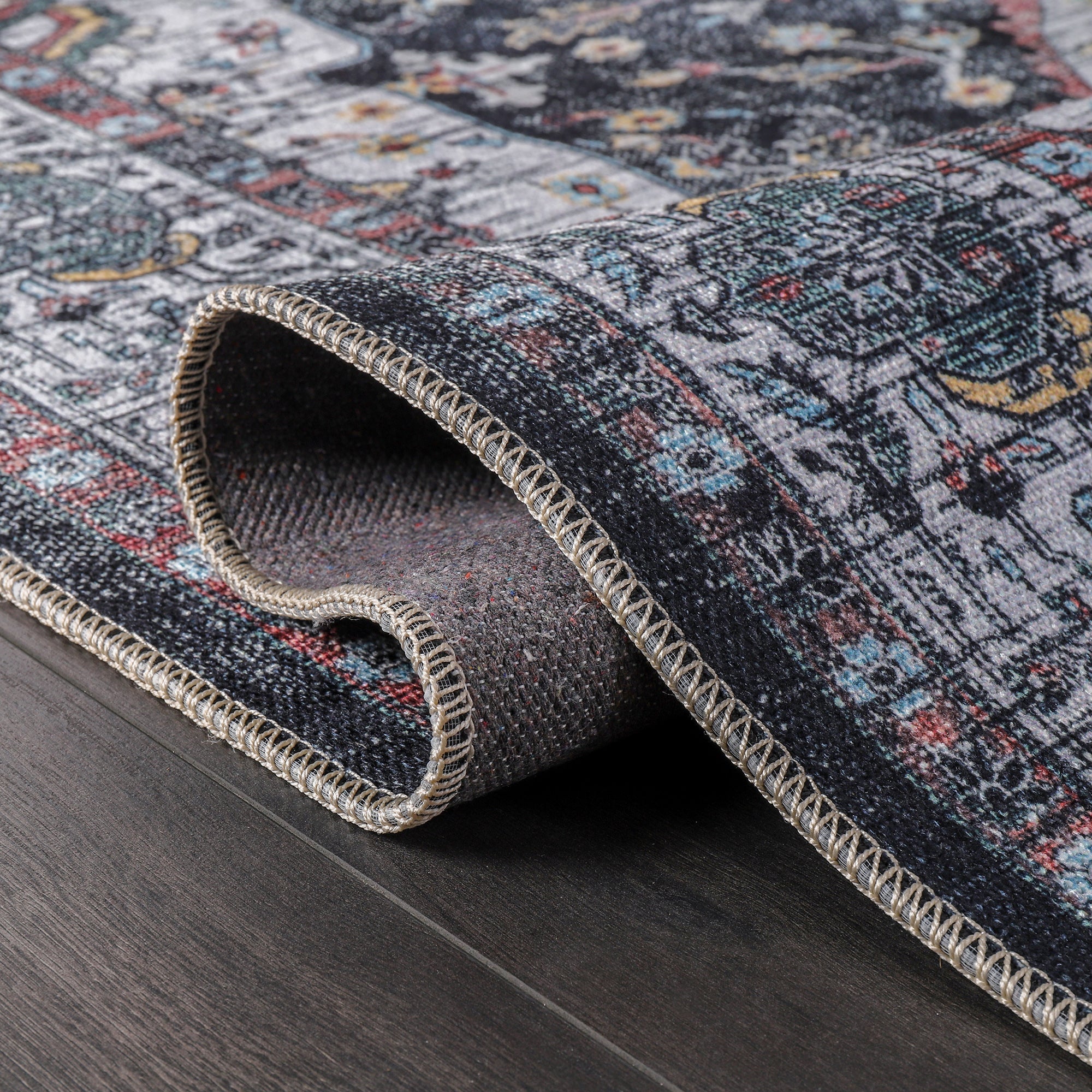 Netline Home Rugs Depot RW1003 – Machine Washable Persian Medallion Rug | Vintage Black & White Oriental Carpet with Blue Accents for Living Room, Bedroom & Dining