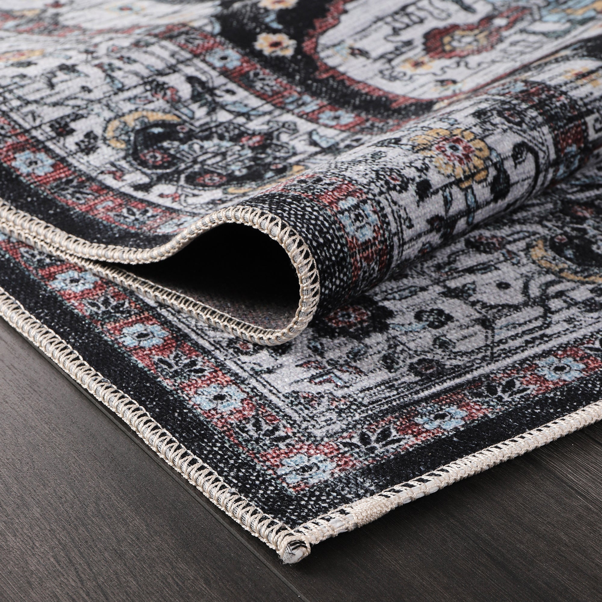 Netline Home Rugs Depot RW1003 – Machine Washable Persian Medallion Rug | Vintage Black & White Oriental Carpet with Blue Accents for Living Room, Bedroom & Dining